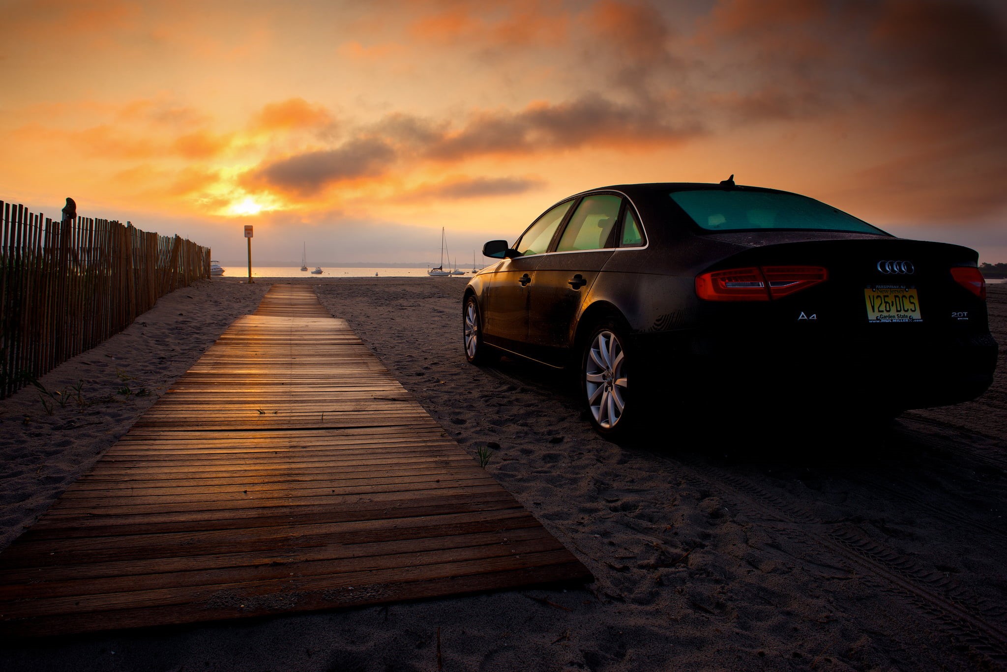 cloud - sky, beach, 1080P, machine, sun, dawn, motor vehicle, Audi, the way forward, sedan, audi a4, tranquility, no people, nature, idyllic, sunset, transportation, HD Wallpaper
