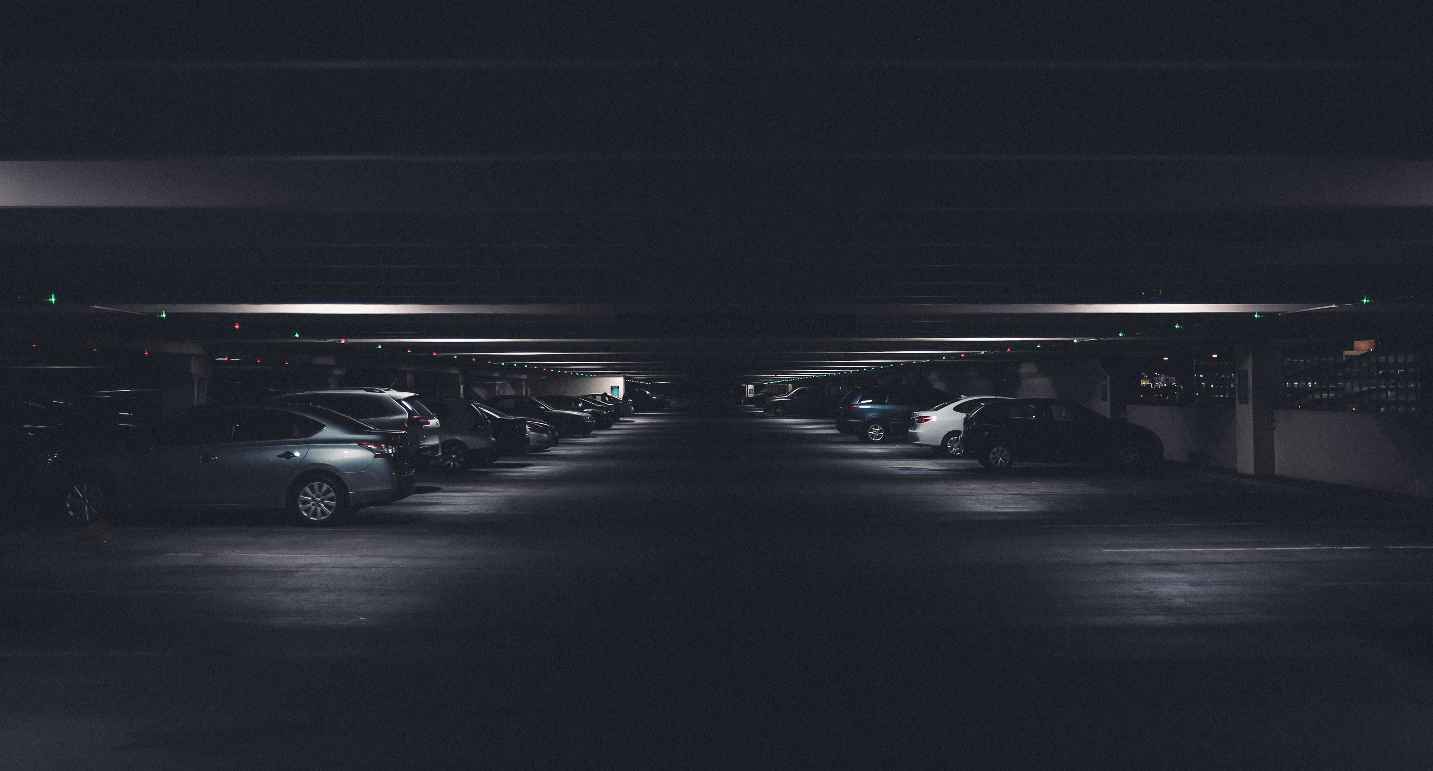 parking, vehicle, night, stationary, city, ceiling, basement, street, architecture, illuminated, car, motor vehicle, area, ground, dark, parking lot, built structure, HD Wallpaper