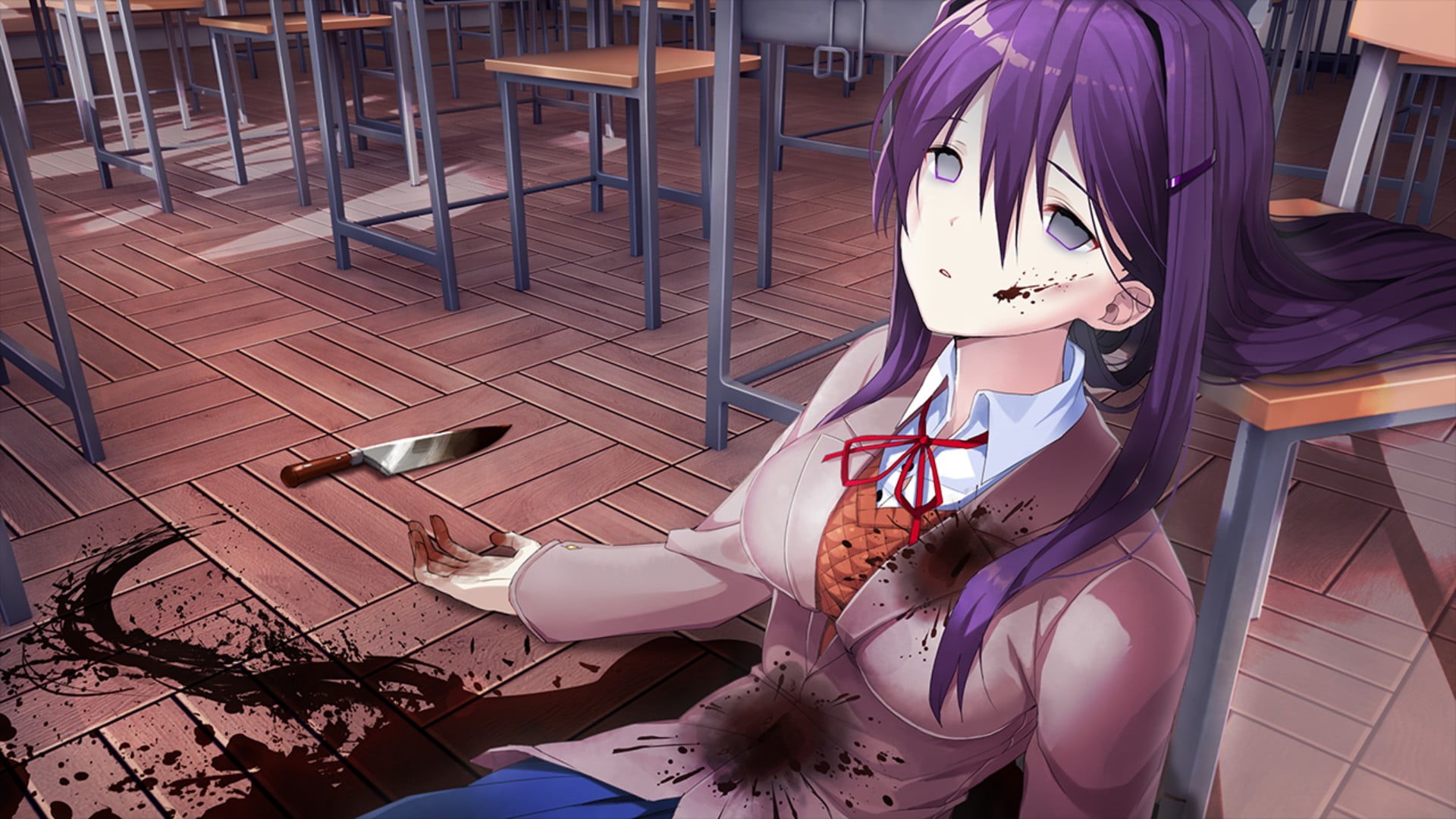 sitting, adult, leisure activity, mask, purple hair, Doki Doki Literature Club, disguise, suicide, women, table, knife, looking at camera, females, portrait, HD Wallpaper