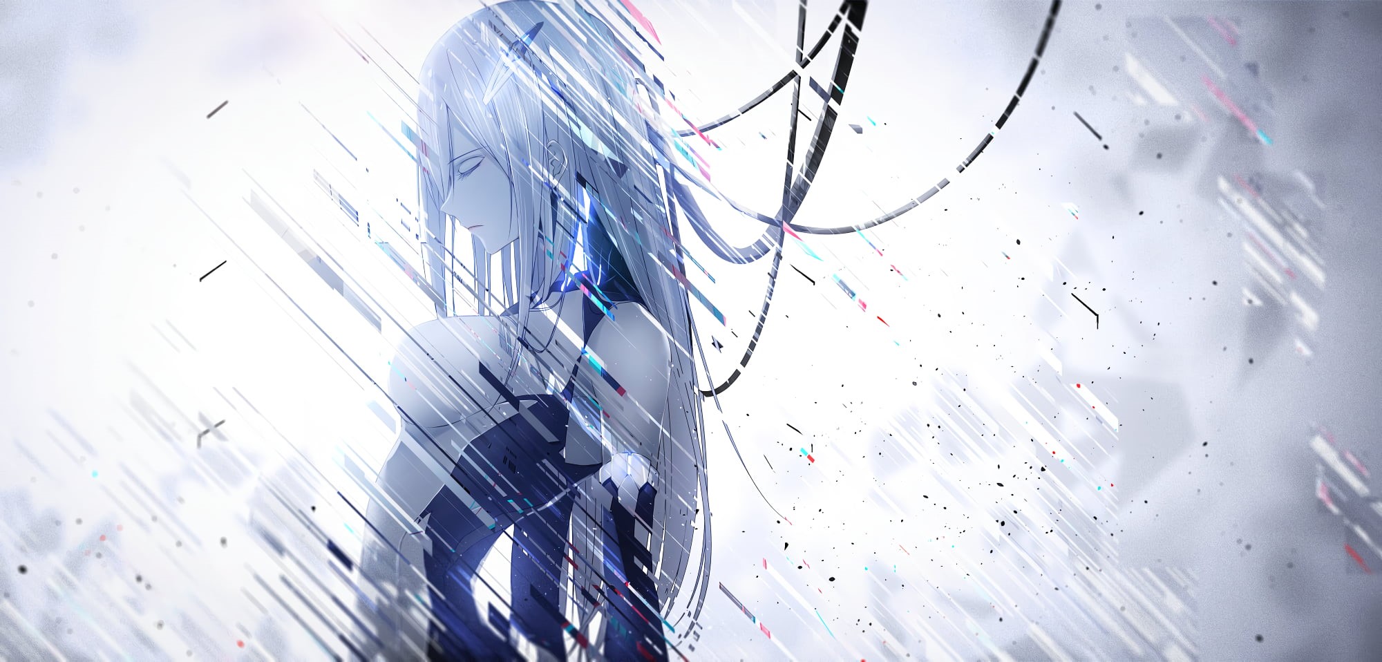 1080P, glitch art, original characters, closed eyes, mecha girls, bodysuit, long hair, futuristic armor, futuristic, braids, wires, silver hair, HD Wallpaper