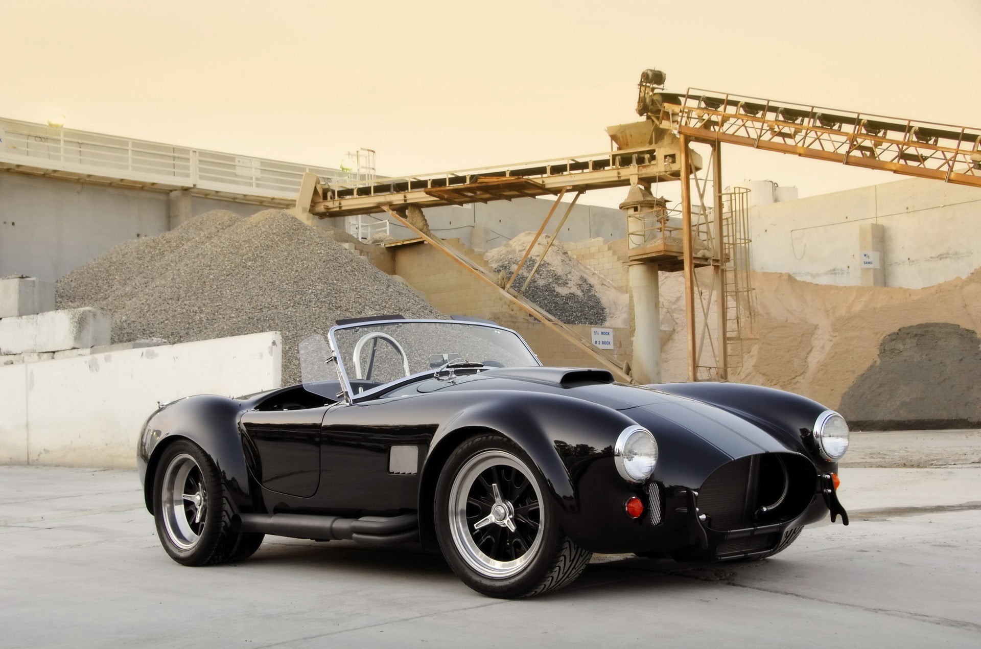 transportation, garage, Factory, black, industry, coupe, motor vehicle, 1080P, travel, built structure, Shelby Cobra 427 SC, land vehicle, no people, stationary, HD Wallpaper
