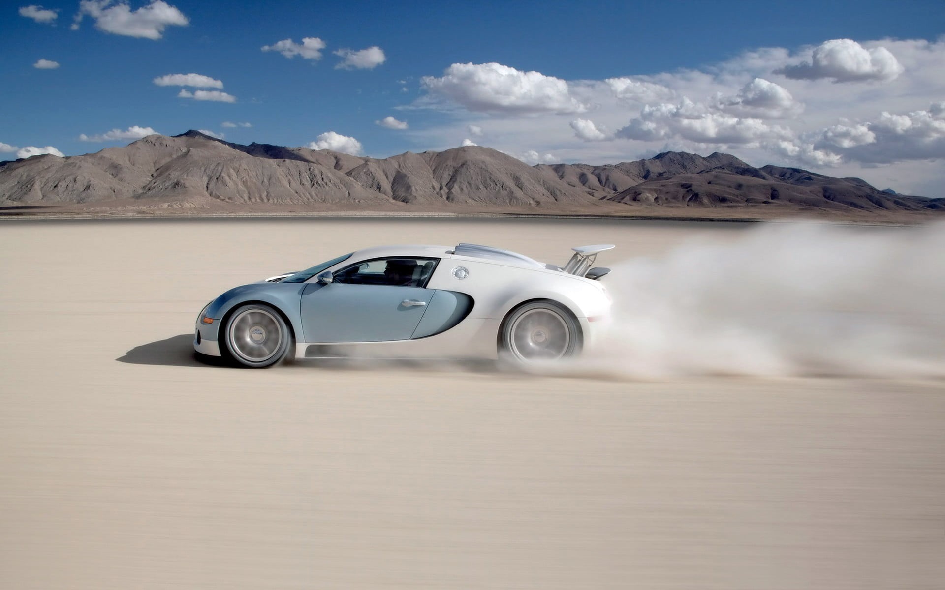 desert, environment, land vehicle, scenics - nature, Bugatti Veyron, land, mountain, speed, cloud - sky, day, motor vehicle, car, gray, white, arid climate, HD Wallpaper