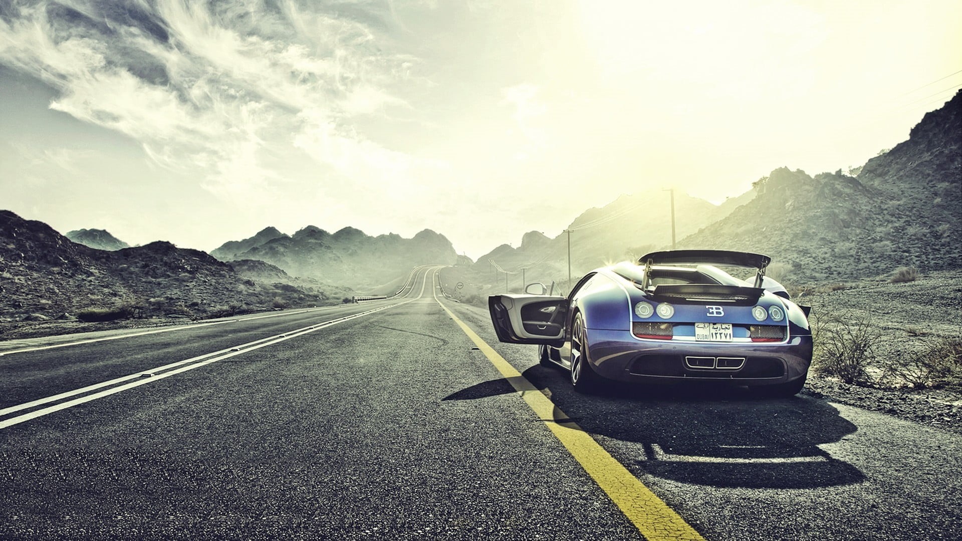 blue, sunlight, road trip, land vehicle, 1080P, outdoors, mountain, day, car, motor vehicle, sky, marking, mode of transportation, sign, transportation, HD Wallpaper
