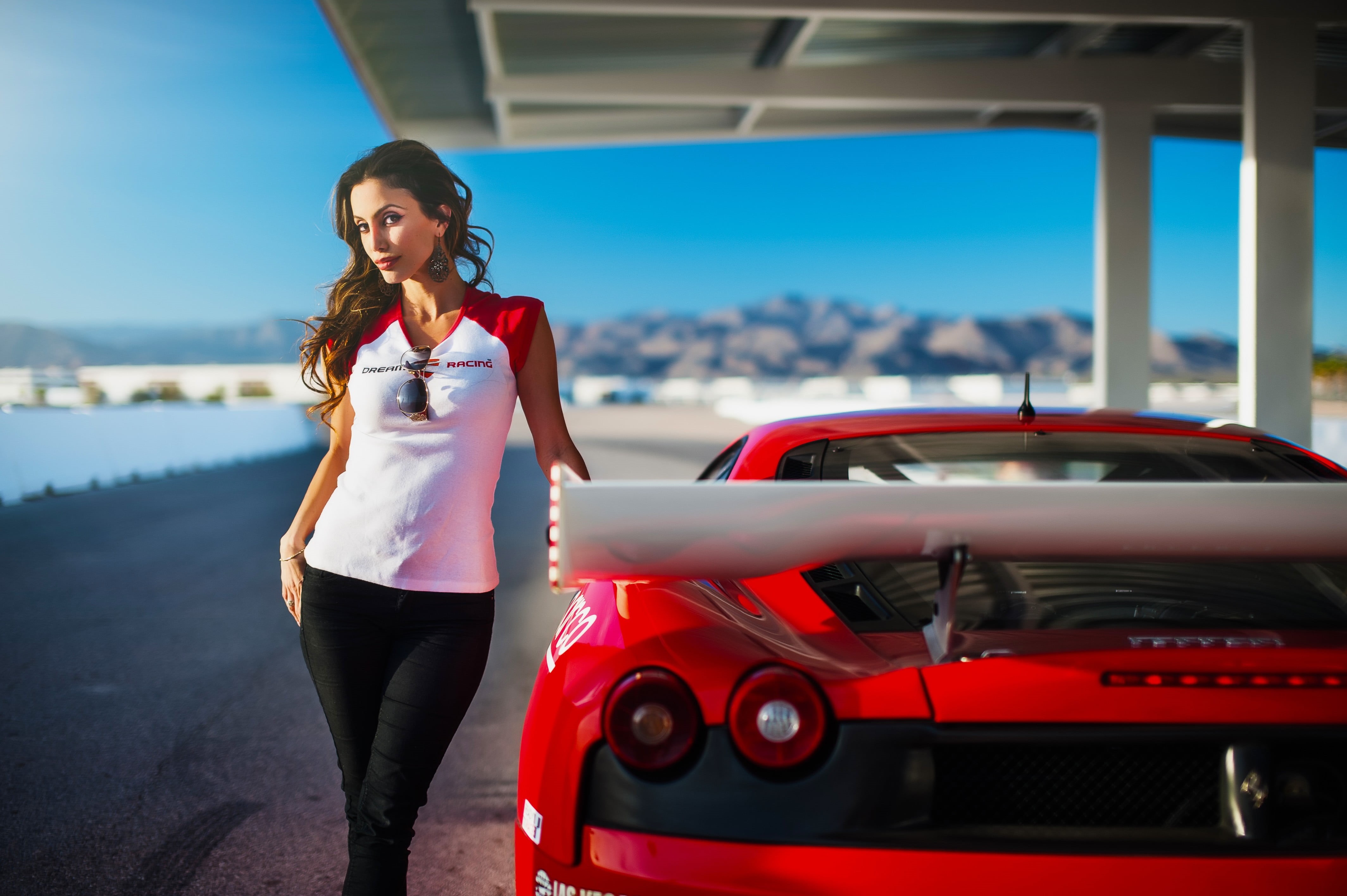shirt, brunette, beautiful woman, women, white, lifestyles, women with cars, day, standing, polo, red, car, young adult, adult, portrait, young women, woman, HD Wallpaper