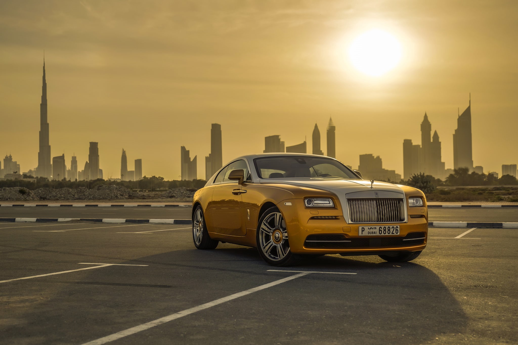 skyscraper, Gold, sun, sky, yellow, Car, street, Dubai, mode of transportation, building, road, Wraith, office building exterior, city, 1080P, land vehicle, HD Wallpaper