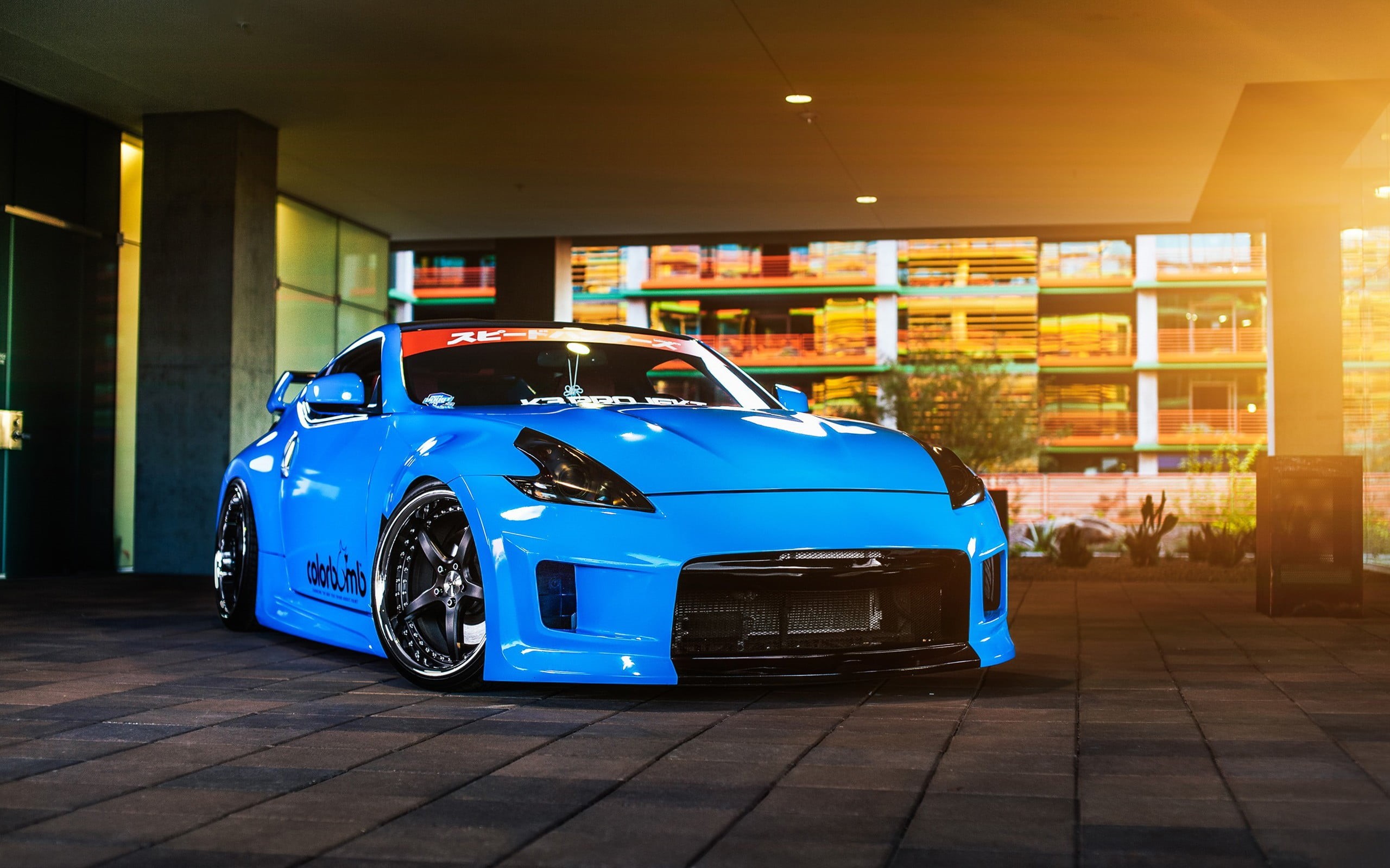 outdoors, blue, luxury, vintage car, built structure, vehicle, car, street, Nissan 370Z, blue cars, sports car, transportation, wealth, no people, 2K, HD Wallpaper