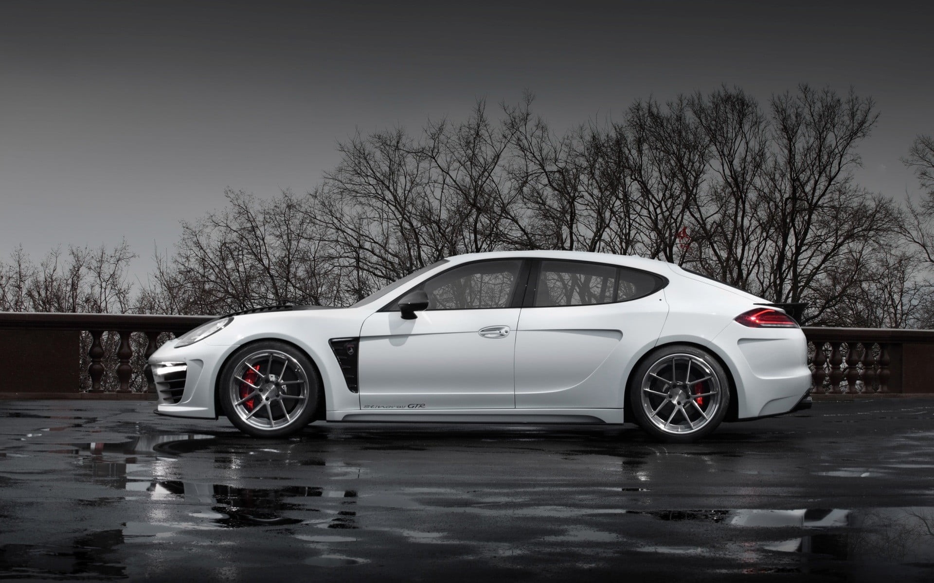 dusk, mode of transportation, rain, plant, TopCar, luxury, transportation, Porsche Panamera, city, no people, water, 1080P, day, carrera, nature, outdoors, HD Wallpaper