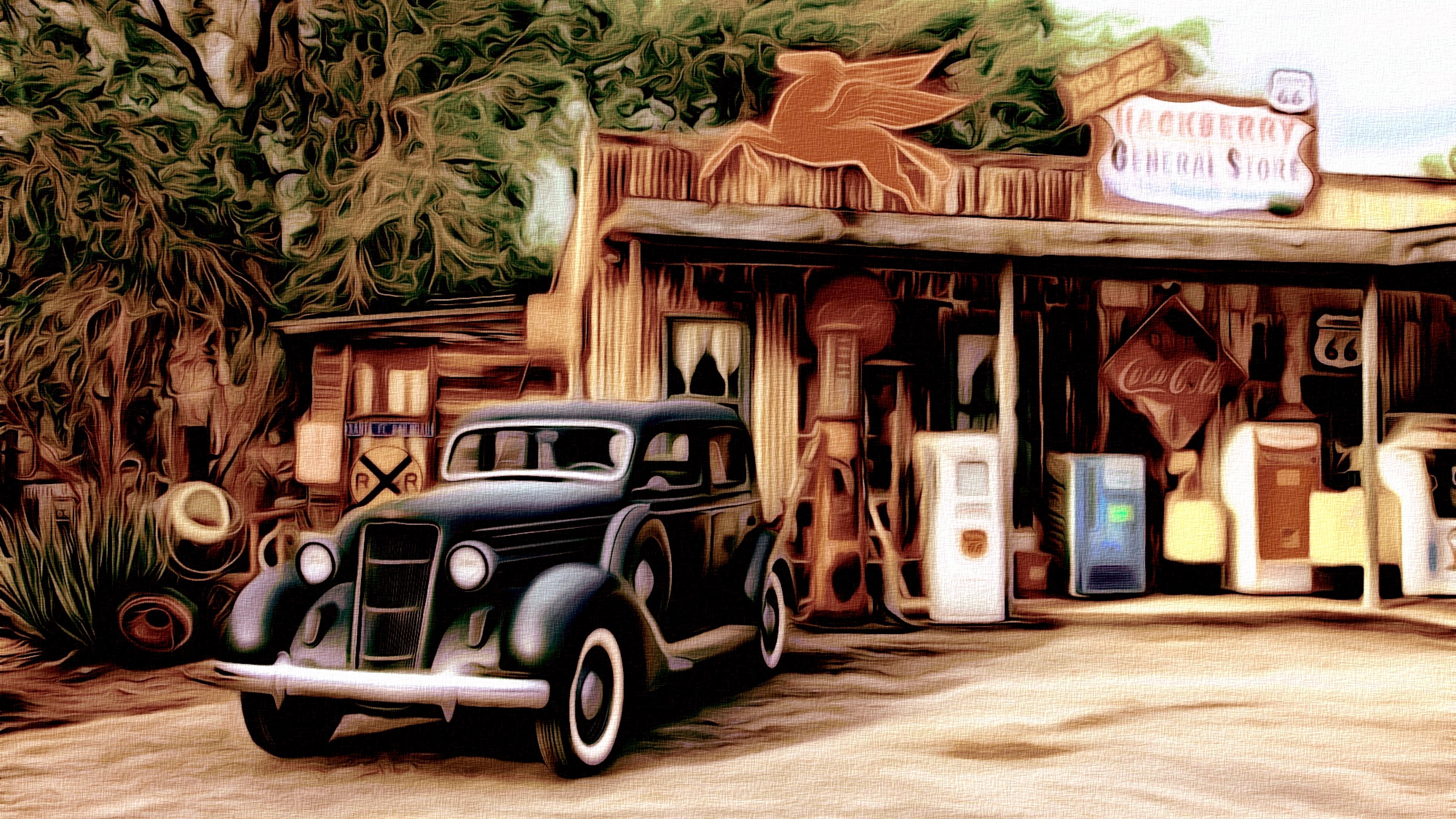 4K, artistic, classic car, painting, artwork, vintage car, retro, service station, vintage, antique car, canvas, HD Wallpaper