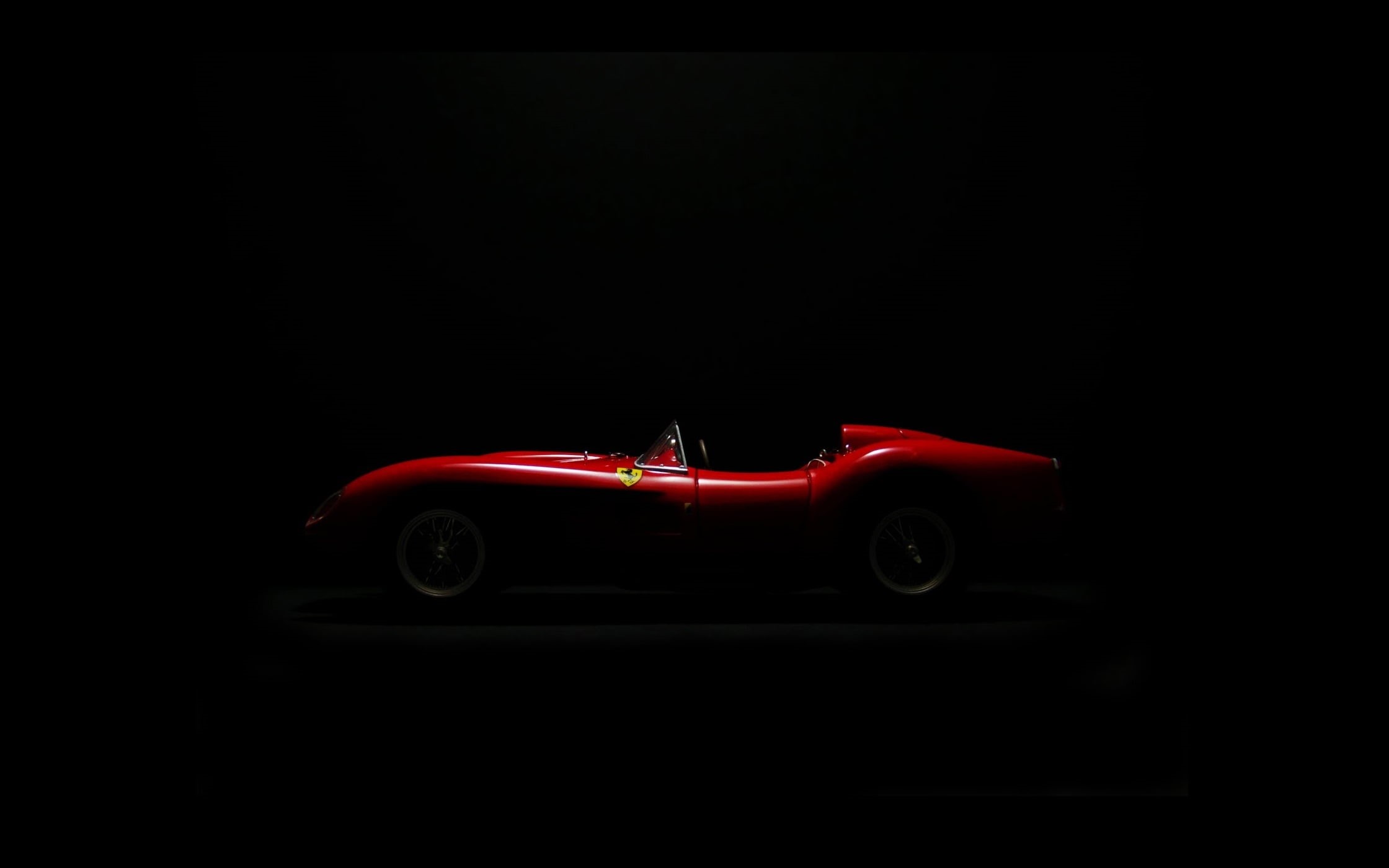 retro styled, motor vehicle, close-up, black background, land vehicle, transportation, single object, studio shot, dark, toy, Ferrari, indoors, red, mode of transportation, HD Wallpaper