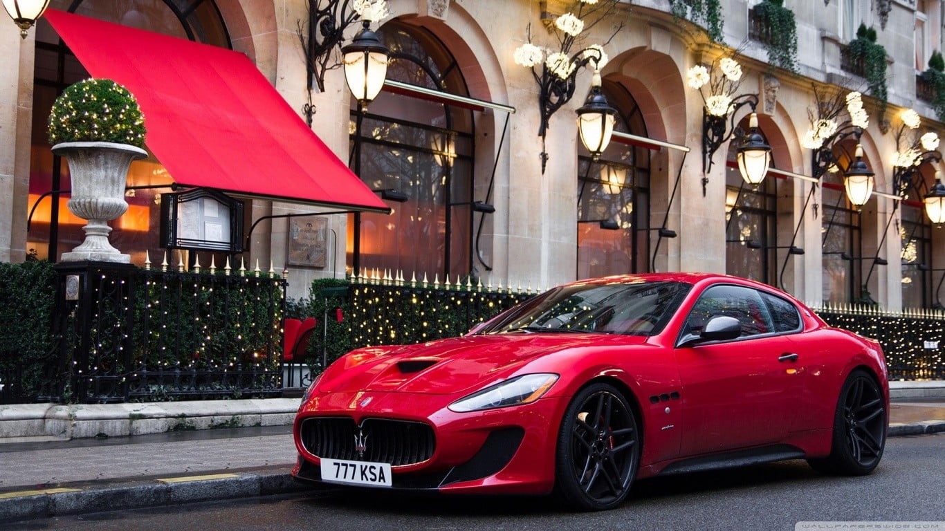 built structure, MC Stradale, car, red, outdoors, Maserati GranTurismo, street, 720P, vintage car, Maserati, architecture, coupe, in a row, mode of transportation, HD Wallpaper