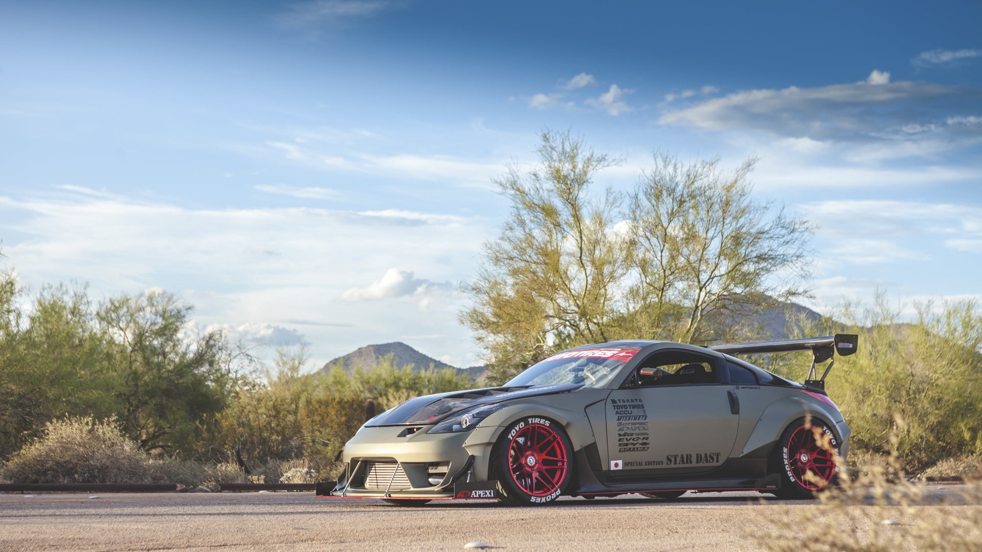 outdoors, cloud - sky, day, nature, tree, transportation, no people, plant, convertible, road trip, sunlight, 350z, land vehicle, motor vehicle, 1080P, HD Wallpaper