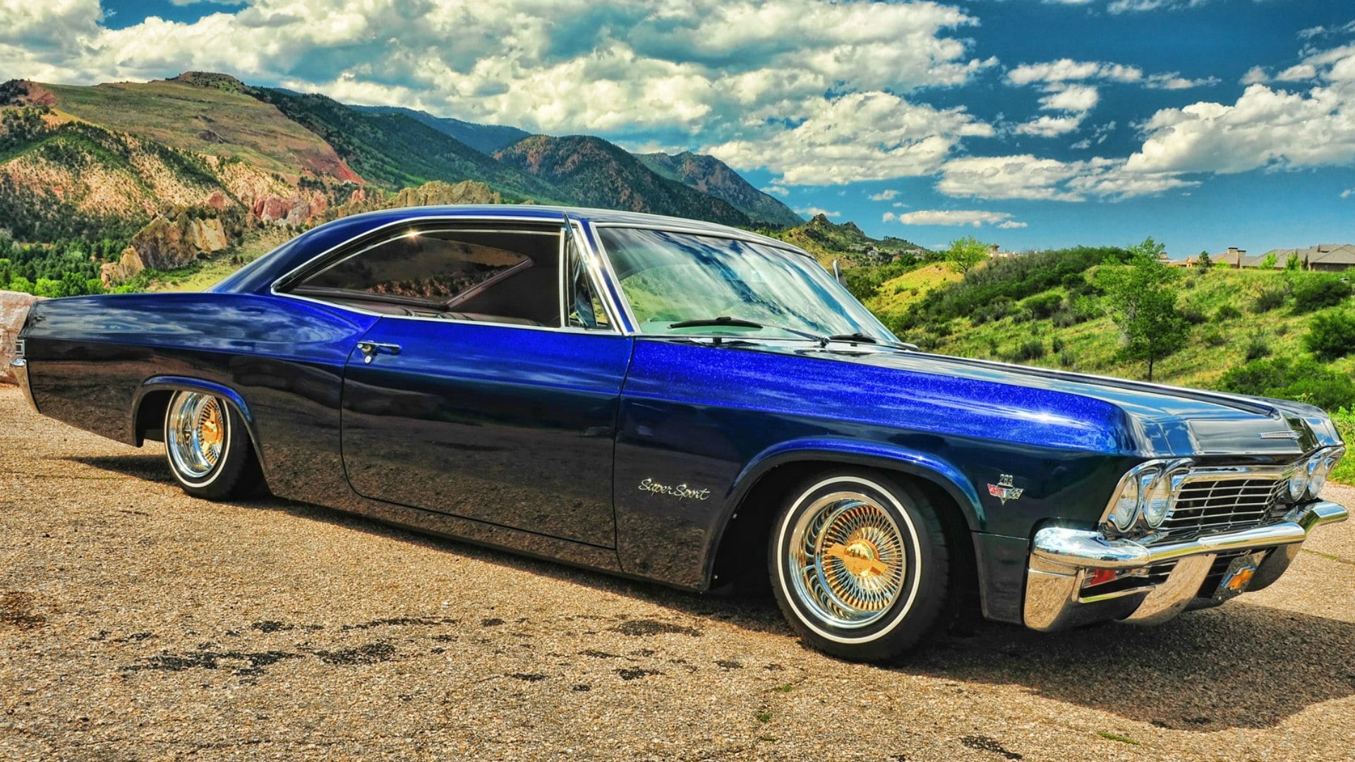 stationary, motor vehicle, classic, Super sport, road trip, headlight, nostalgia, outdoors, 1080P, sky, front View, car, mountain, shiny, 1965, land, Blue, HD Wallpaper