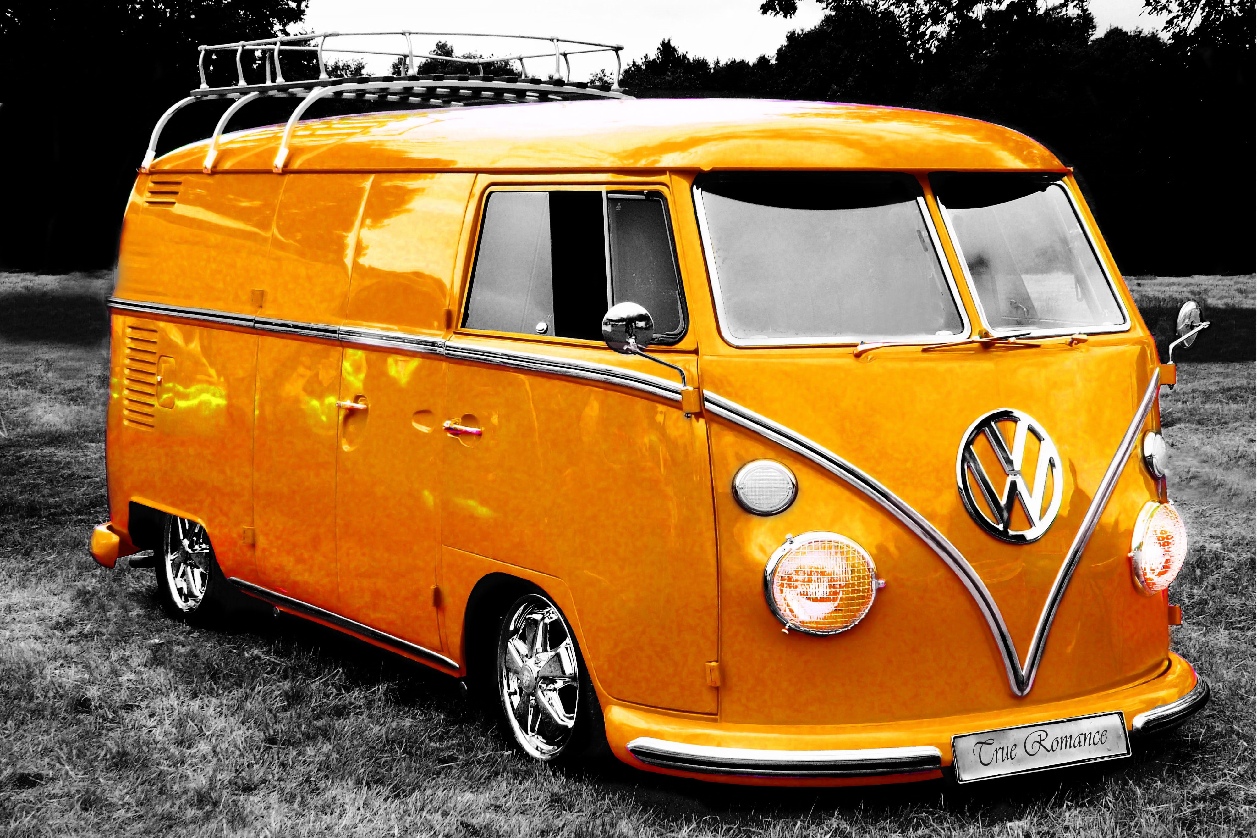 vw, public transportation, retro styled, vintage, yellow, transportation, volkswagen, outdoors, mode of transportation, stationary, taxi, nature, school bus, HD Wallpaper
