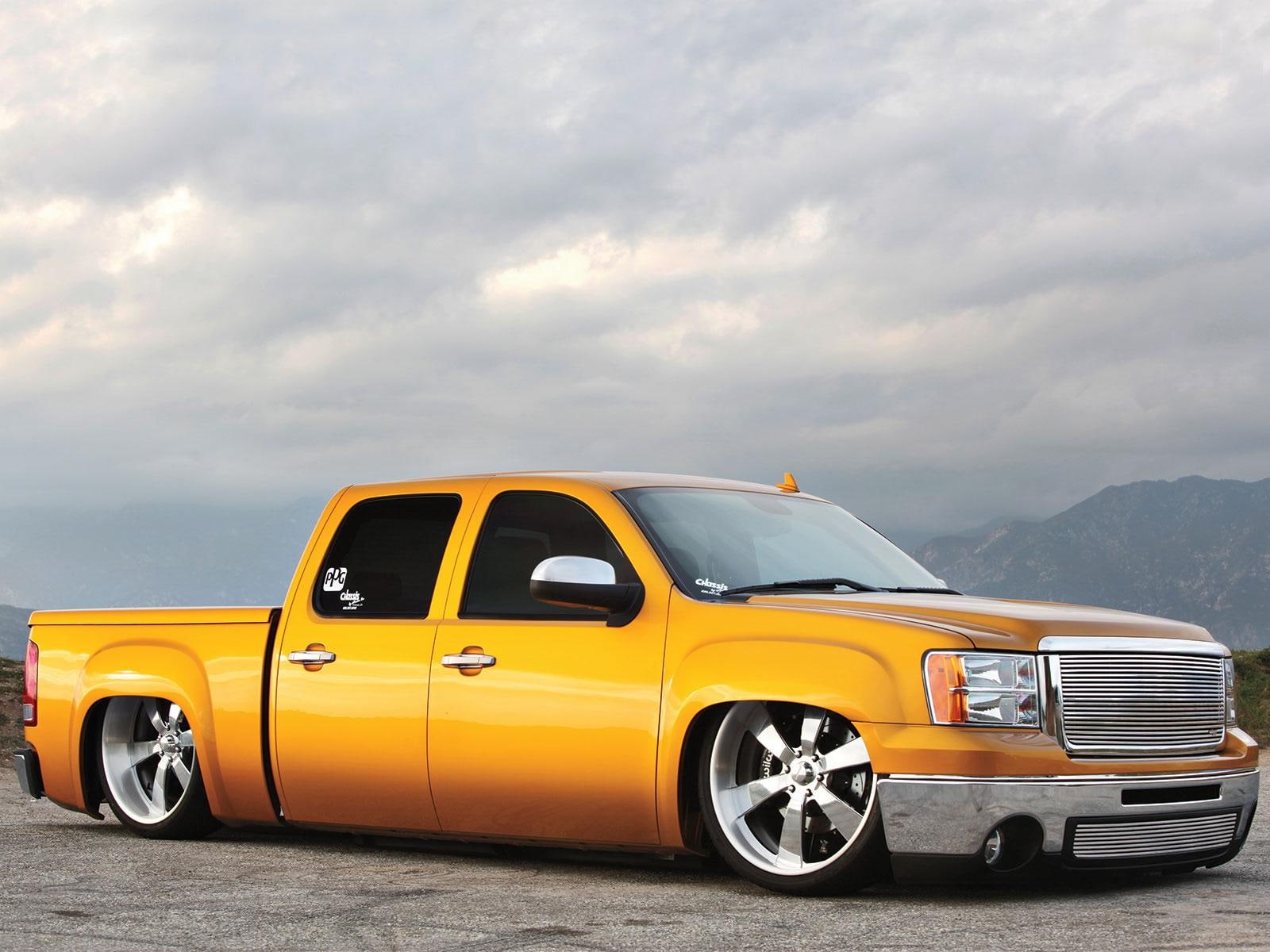 truck, yellow, lowered, crew, pickup, chrome-wheels, standard, gold, 720P, cab, HD Wallpaper