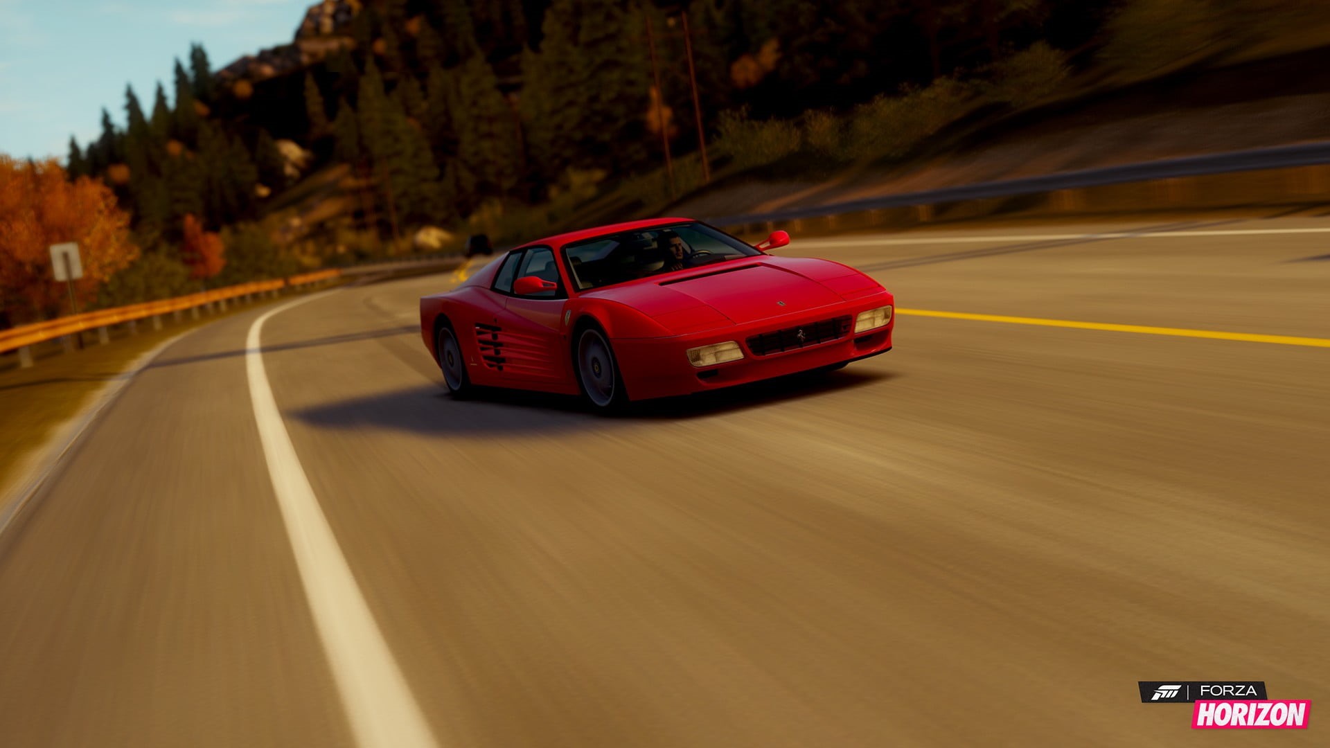 land vehicle, car, travel, red, speed, horizon, no people, screenshot, 1080P, game, road, motor vehicle, forza, marking, sign, long exposure, on the move, HD Wallpaper