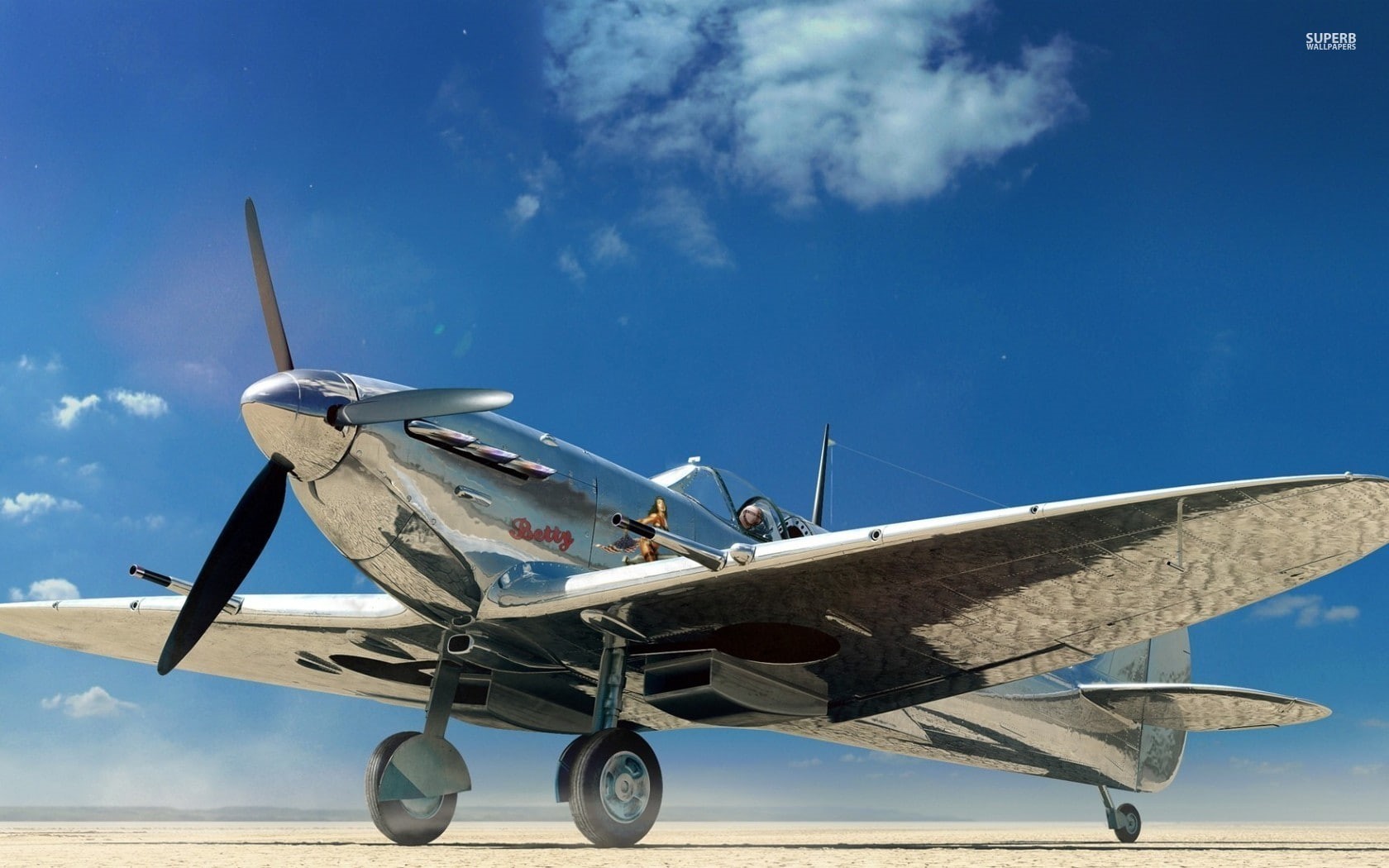chrome, Supermarine Spitfire, clouds, 720P, airplane, HD Wallpaper