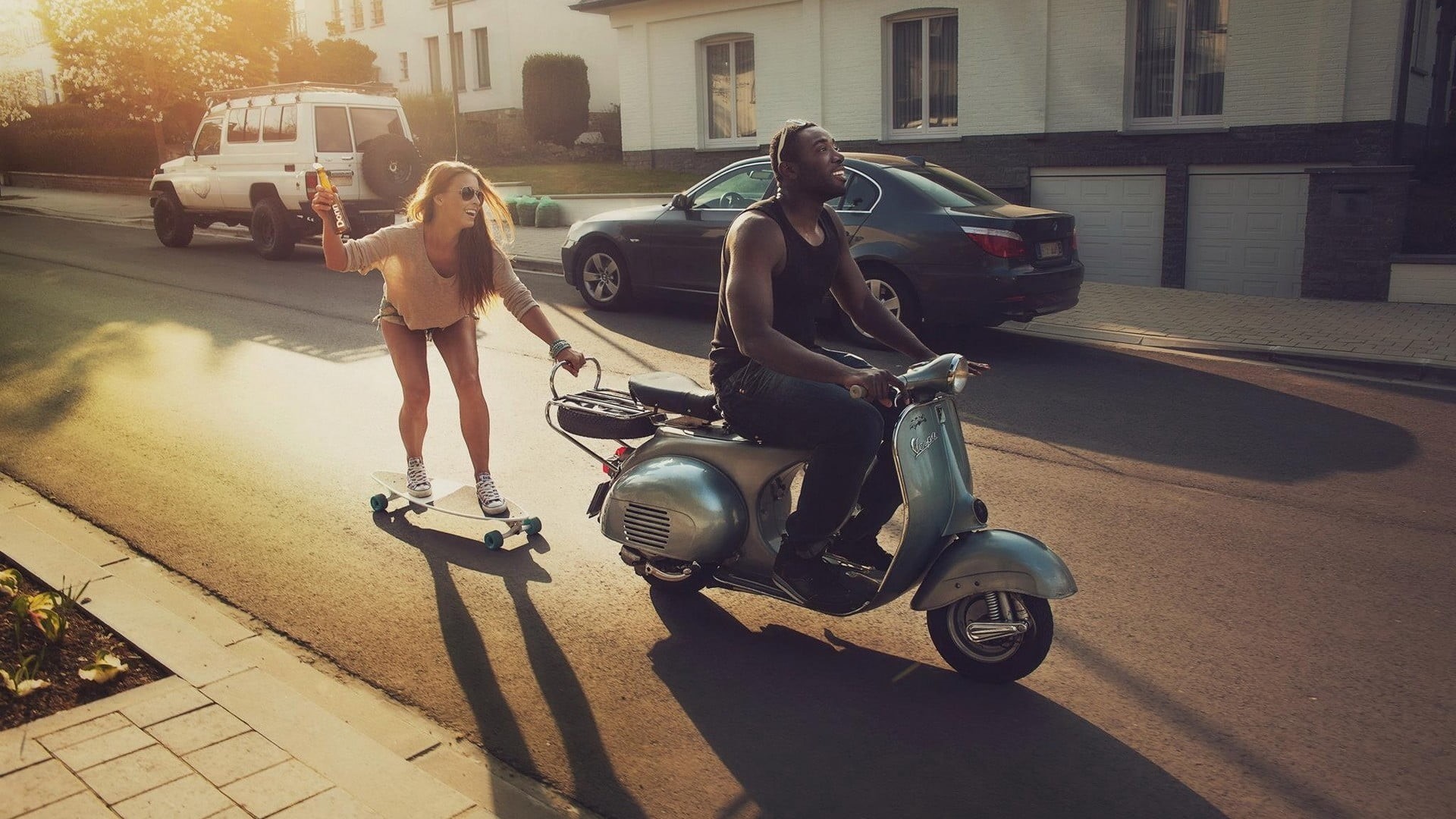 outdoors, lifestyles, 1080P, real people, women, motor vehicle, Vespa, car, day, road, city, people, building exterior, architecture, street, sunlight, HD Wallpaper