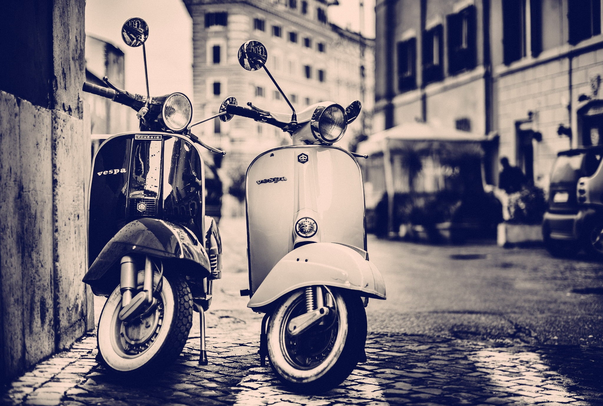transportation, motor Scooter, scooter, black, old-fashioned, architecture, city Life, mode of Transport, summer, travel, black And White, day, urban Scene, HD Wallpaper