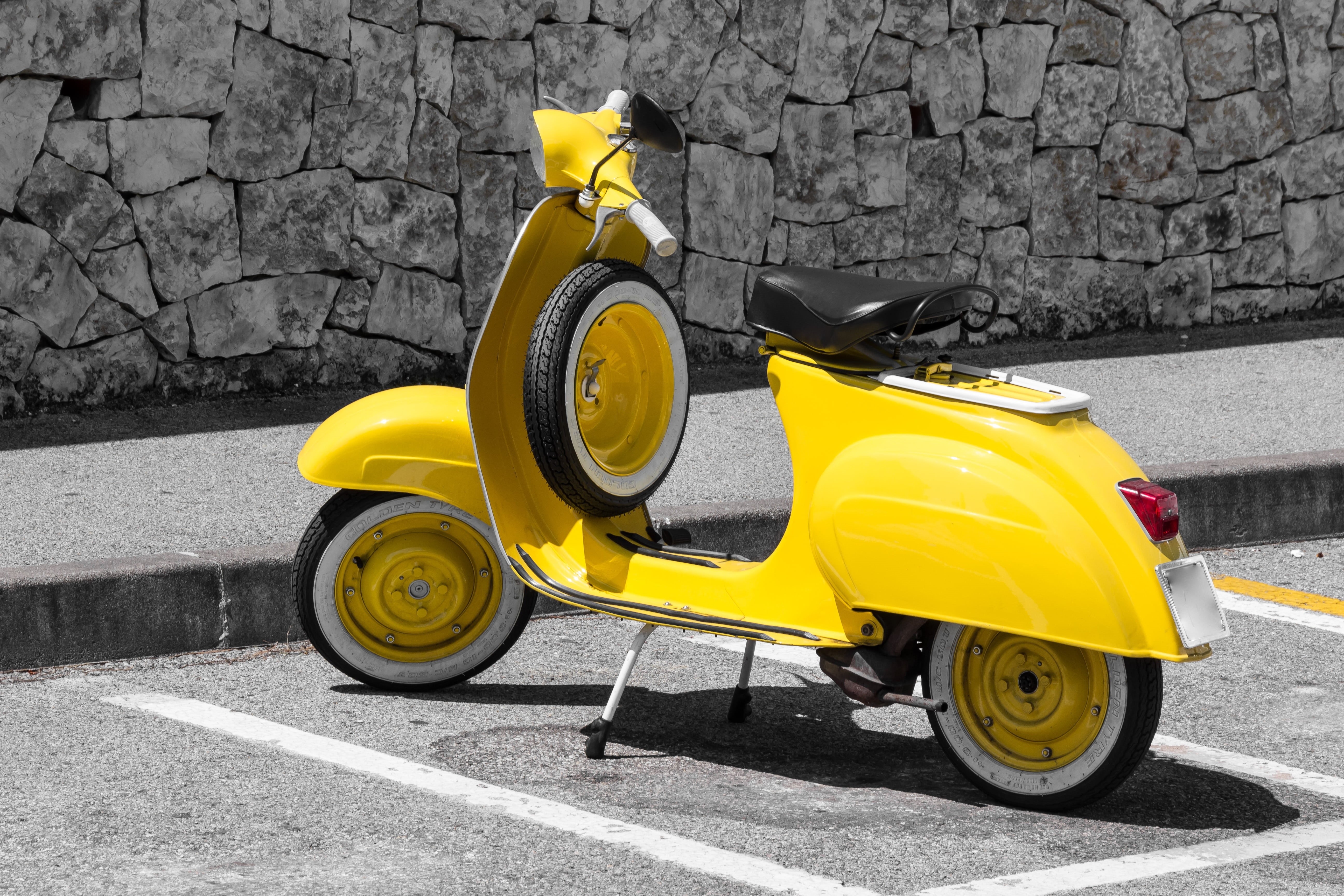 wheel, architecture, transportation, retro Styled, retro, outdoors, scooter, parking, wall - building feature, mode of transportation, yellow, stone wall, HD Wallpaper