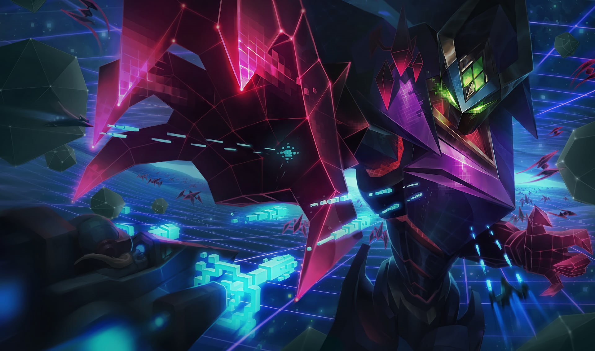 glowing, 1080P, pink color, long exposure, black, red, purple, scooter, League of Legends, Malzahar, close-up, complexity, illuminated, night, decoration, HD Wallpaper