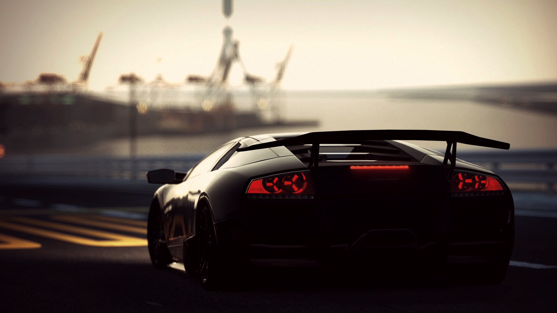 city, car, motor vehicle, tire, wealth, sunset, video games, nature, water, coupe, speed, motion, sky, luxury, transportation, sea, Lamborghini, focus on foreground, HD Wallpaper