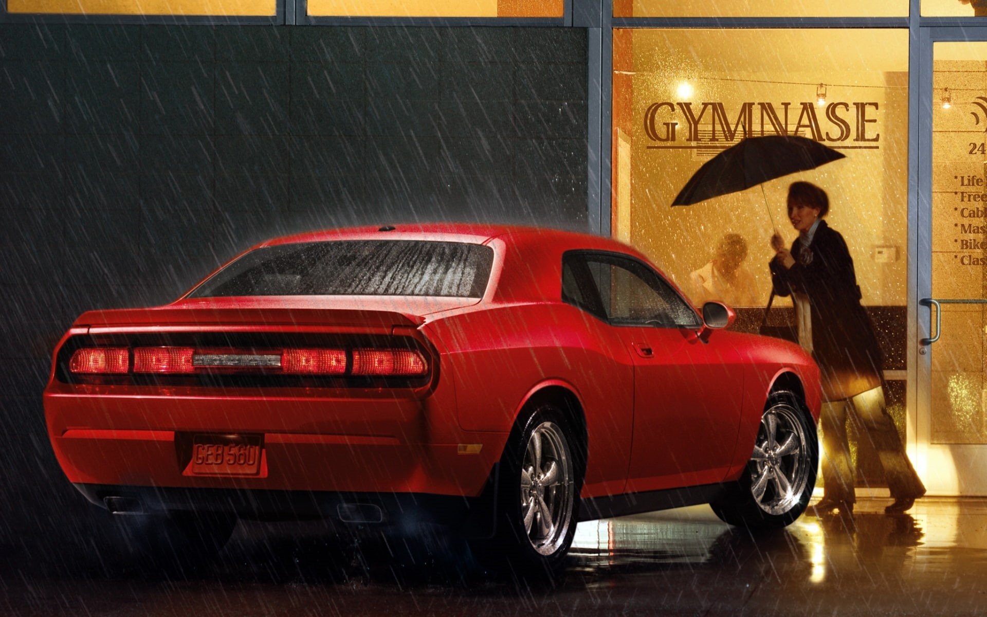 r t, challenger, 1080P, Muscle car, woman, umbrella, rain, Dodge, red, chelenzher, shop, HD Wallpaper