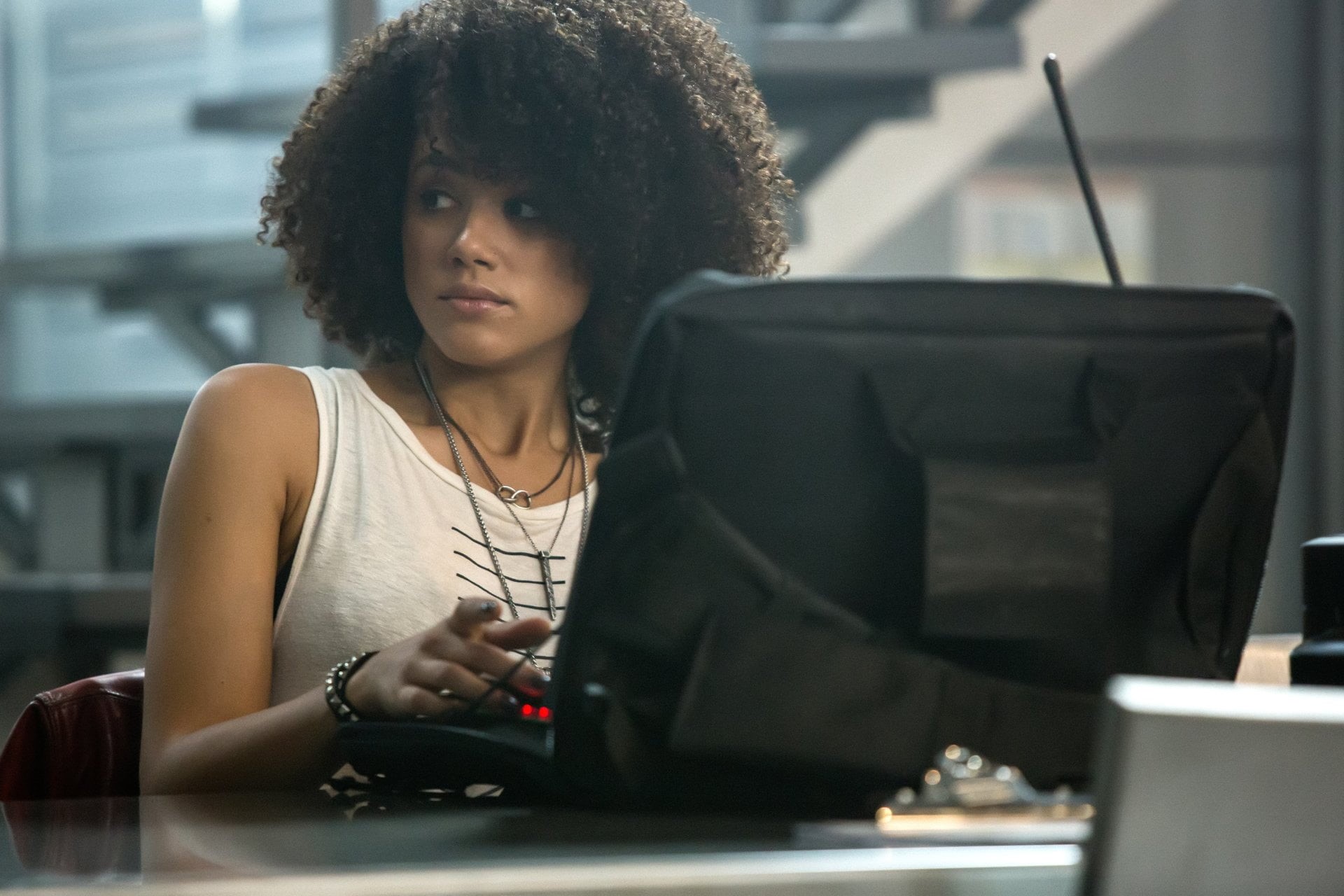 The Fate of The Furious, hair, indoors, sitting, furniture, curly hair, Nathalie Emmanuel, contemplation, adult, looking, Ramsey (Fast and Furious), business, HD Wallpaper