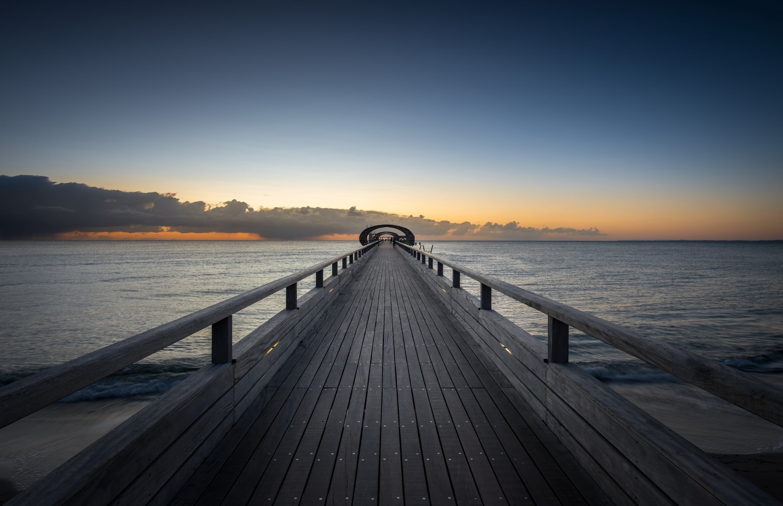 nature, wood - material, sunset, architecture, horizon over water, beauty in nature, scenics - nature, tranquility, horizon, black, sea, railing, no people, HD Wallpaper