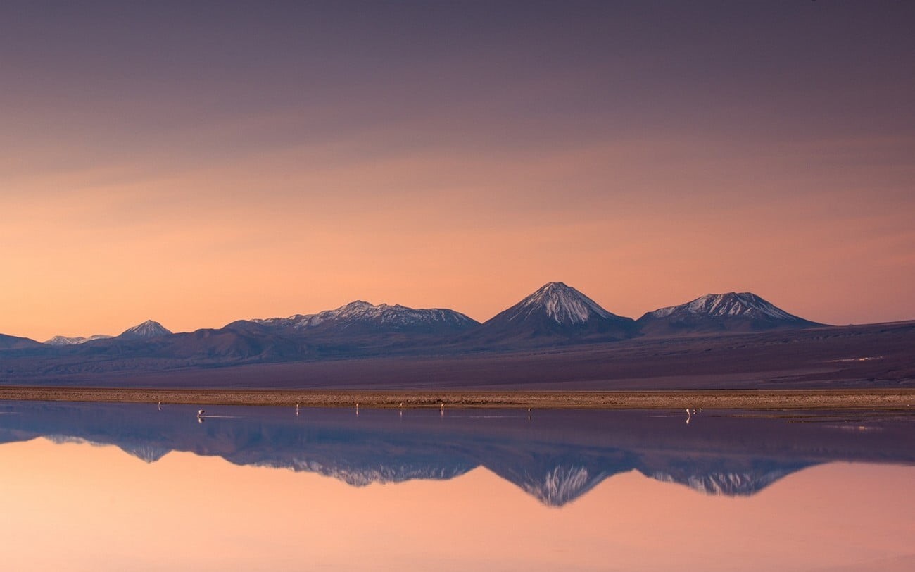 snow, lagoon, remote, mountains, no people, sky, scenics - nature, travel destinations, salt flat, nature, covered, mountain, tranquility, sunset, symmetry, HD Wallpaper