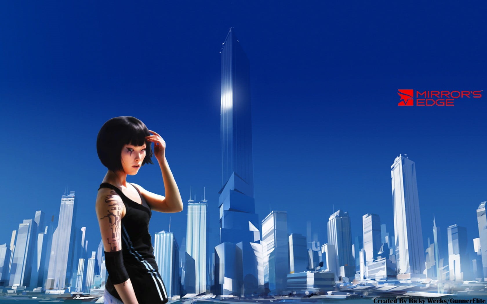 blue, architecture, building, landscape, women, office building exterior, outdoors, built structure, one person, Mirrors Edge, screenshot, cityscape, young adult, HD Wallpaper