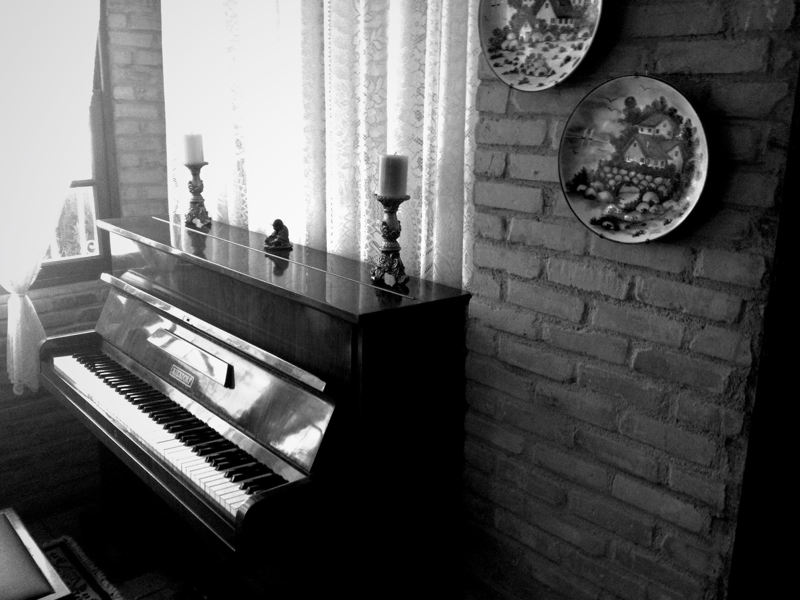 lifestyles, brick wall, high angle view, nature, window, musical instrument, mirror, musical equipment, wall, black, 2K, keyboard instrument, wooden, architecture, HD Wallpaper