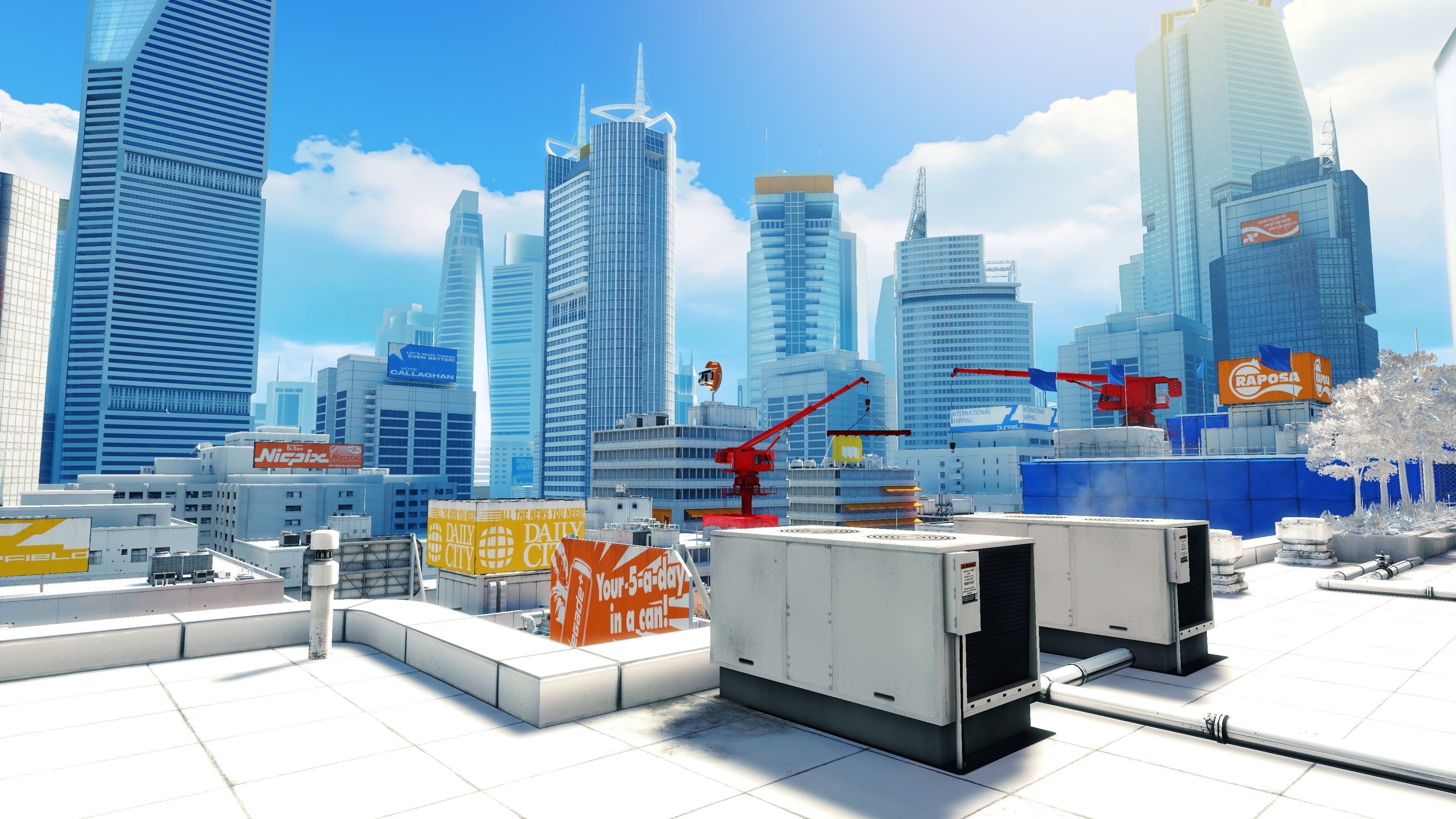 sky, black, cloud - sky, tower, video games, financial district, building, nature, city, office building exterior, Mirrors Edge, sets, generator, architecture, HD Wallpaper