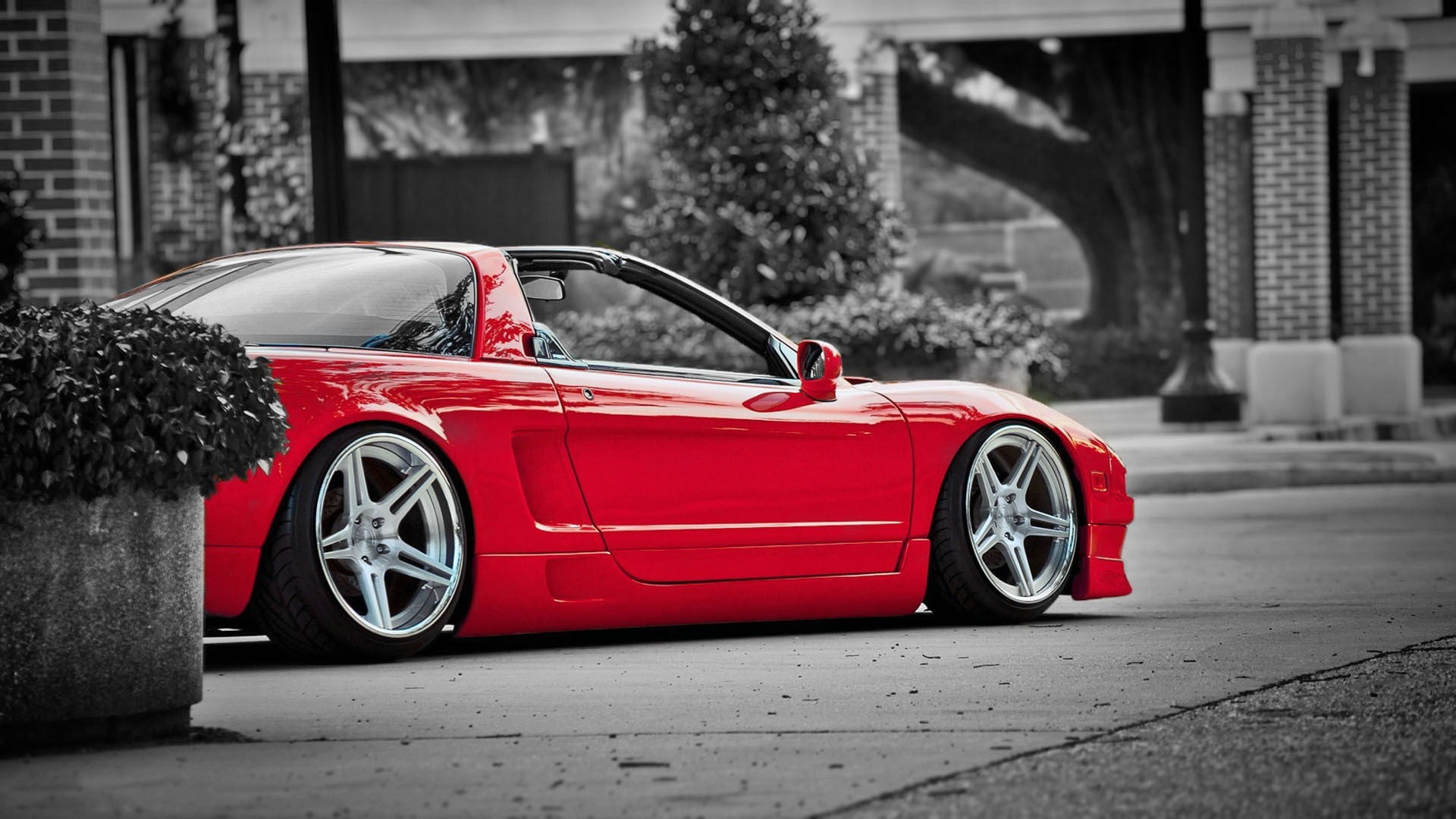 mode of transportation, red, speed, vehicle, selective coloring, acura, sports car, isolated color, coupe, built structure, architecture, outdoors, 1080P, HD Wallpaper