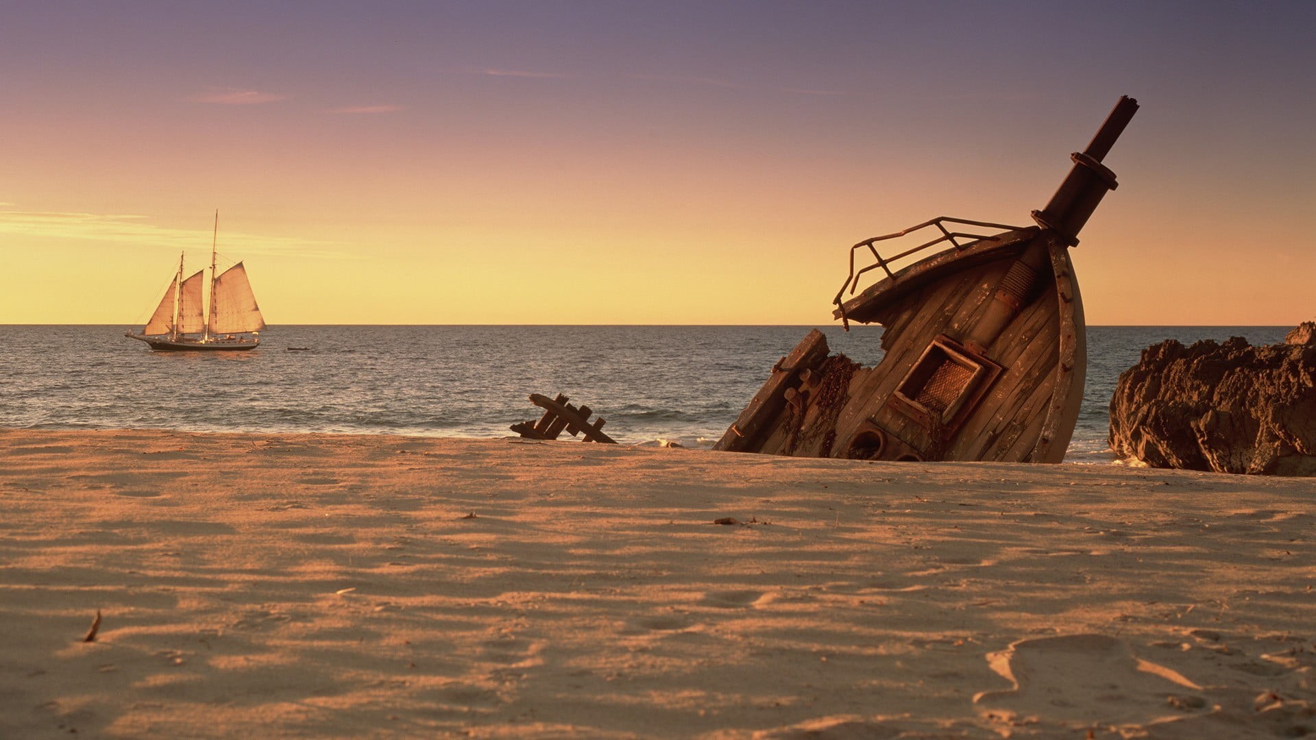sky, wooden, no people, ship, 1080P, sand, wreck, horizon over water, scenics - nature, beauty in nature, water, transportation, white, tranquility, brown, HD Wallpaper