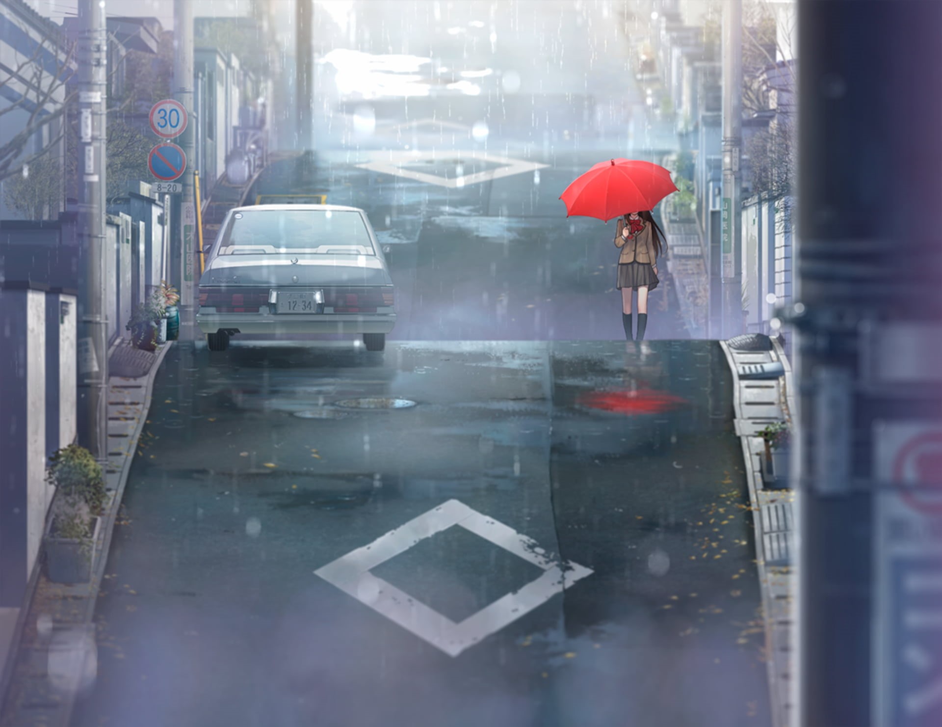 motor vehicle, anime, rainy season, torrential rain, schoolgirl, Mahoutsukai no Yoru, city, rain, architecture, protection, Aozaki Aoko, outdoors, city street, HD Wallpaper