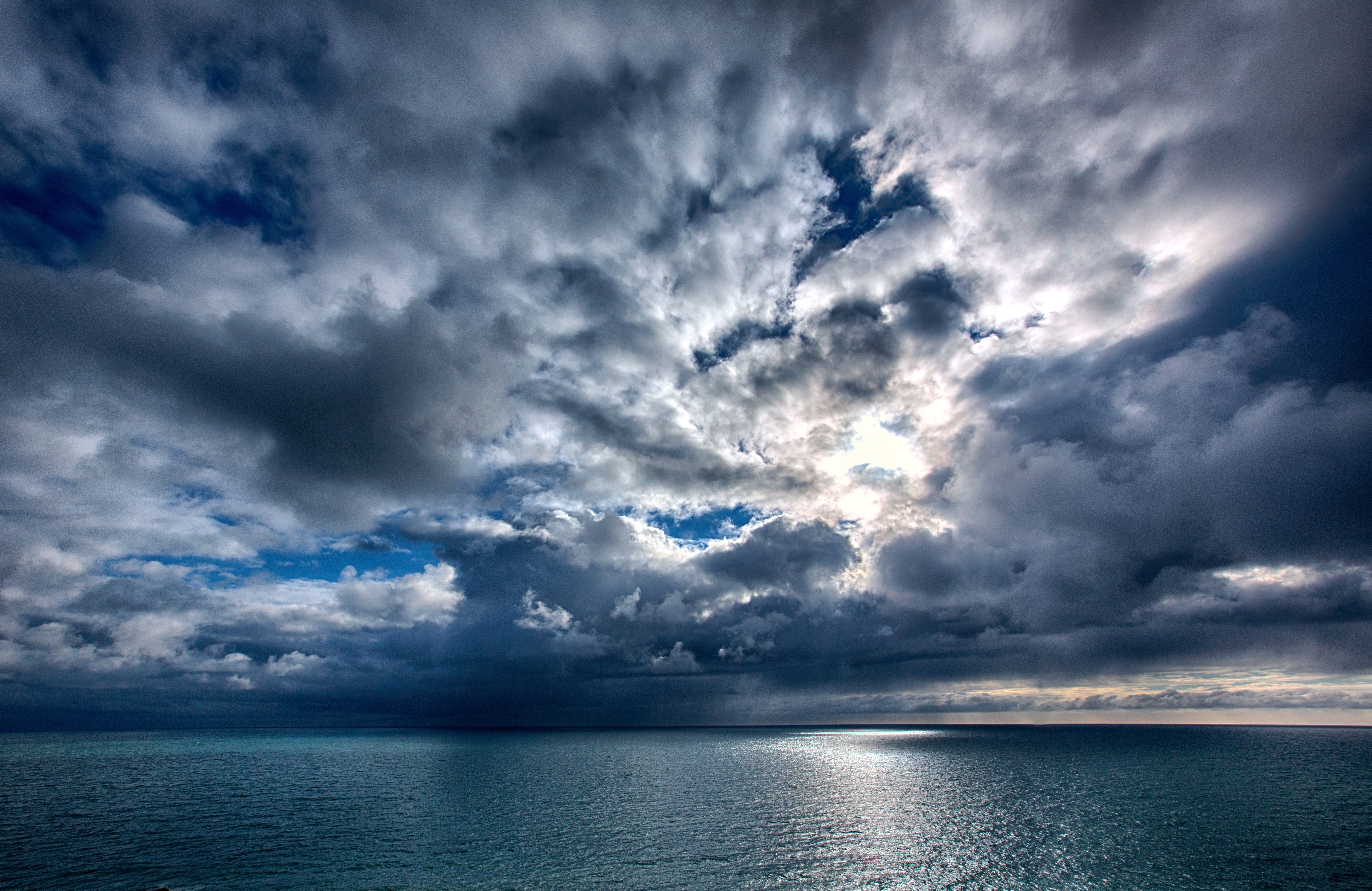 environment, horizon, sky, 8K, blue, cloud - sky, sea, water, thunderstorm, storm, rain, nature, horizon over water, scenics - nature, dark, outdoors, HD Wallpaper