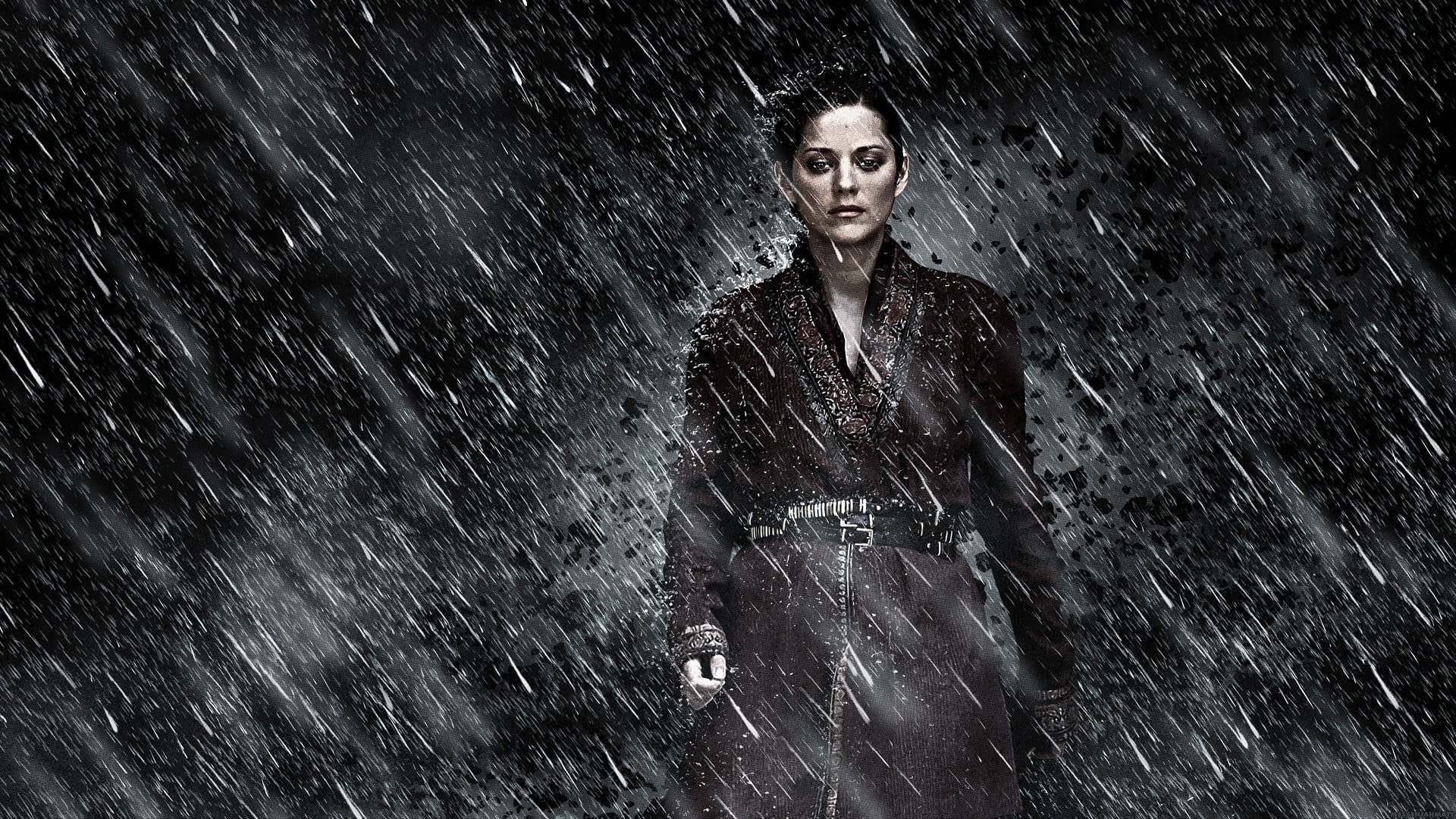 standing, front view, portrait, Marion Cotillard, The Dark Knight Rises, Miranda Tate, torrential rain, coat, one person, adult, MessenjahMatt, extreme weather, HD Wallpaper