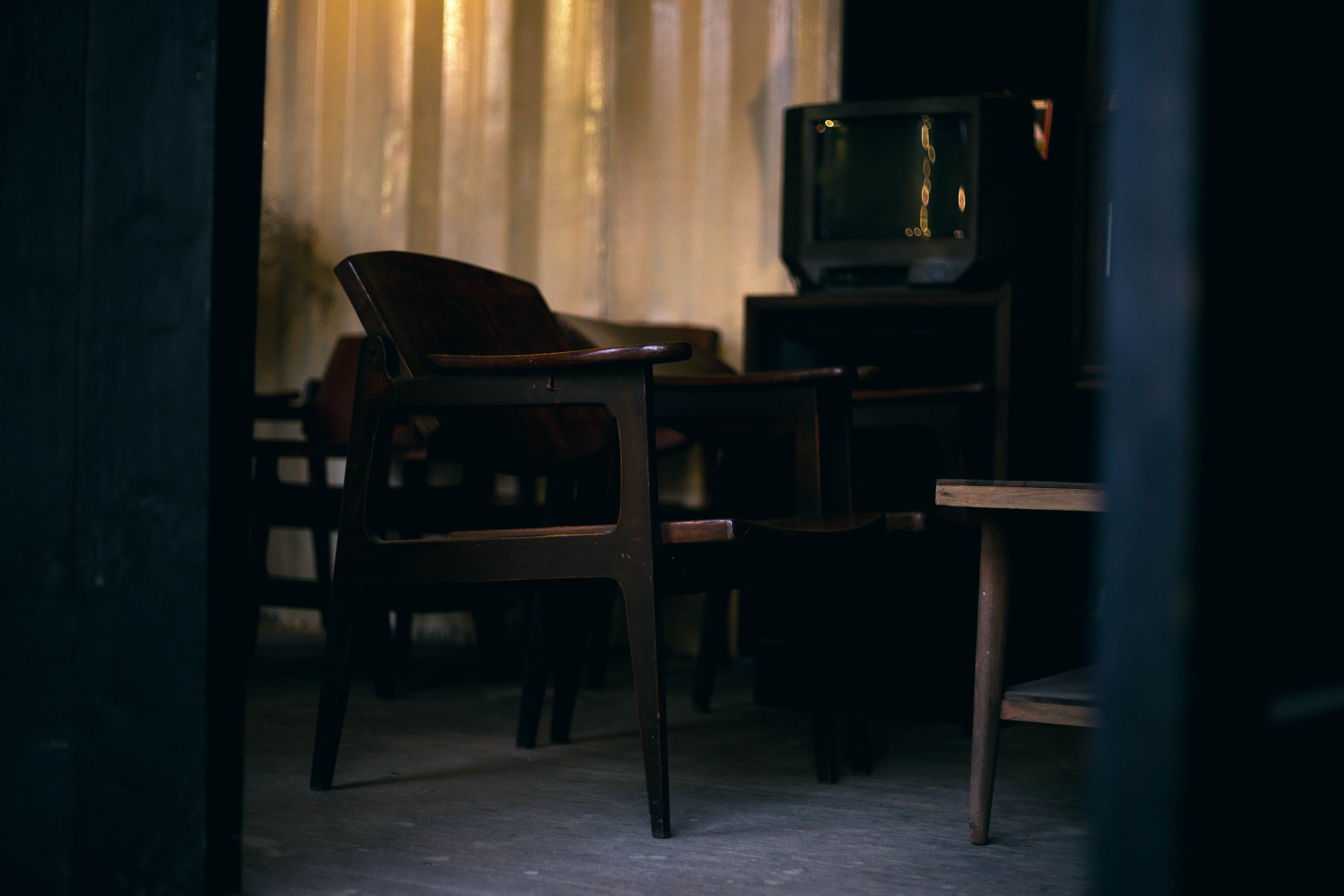 wooden, indoors, design, dark, light, absence, interior, antique, chair, seat, home, building, domestic room, things, door, window, curtain, television, HD Wallpaper