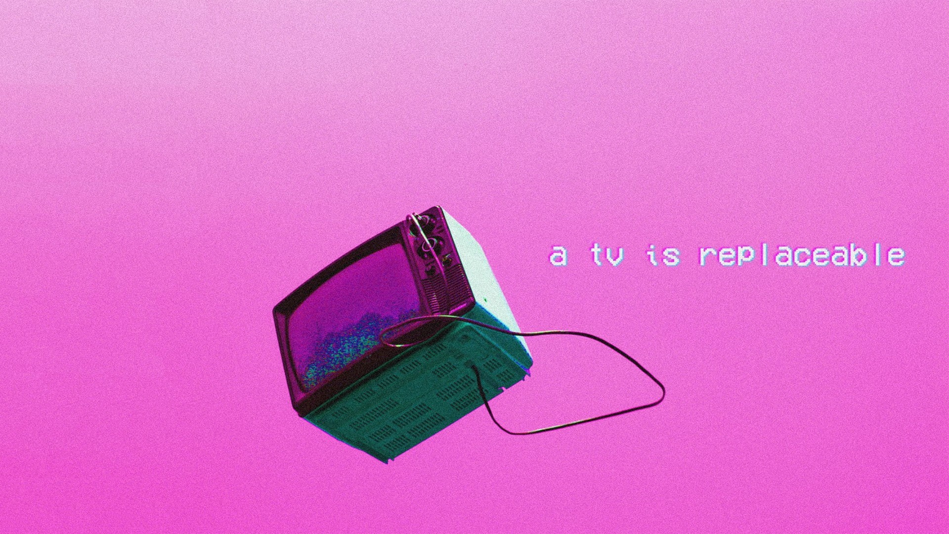 technology, connection, high angle view, text, sign, vaporwave pink background tv depressing truth, copy space, close-up, cable, western script, colored background, HD Wallpaper