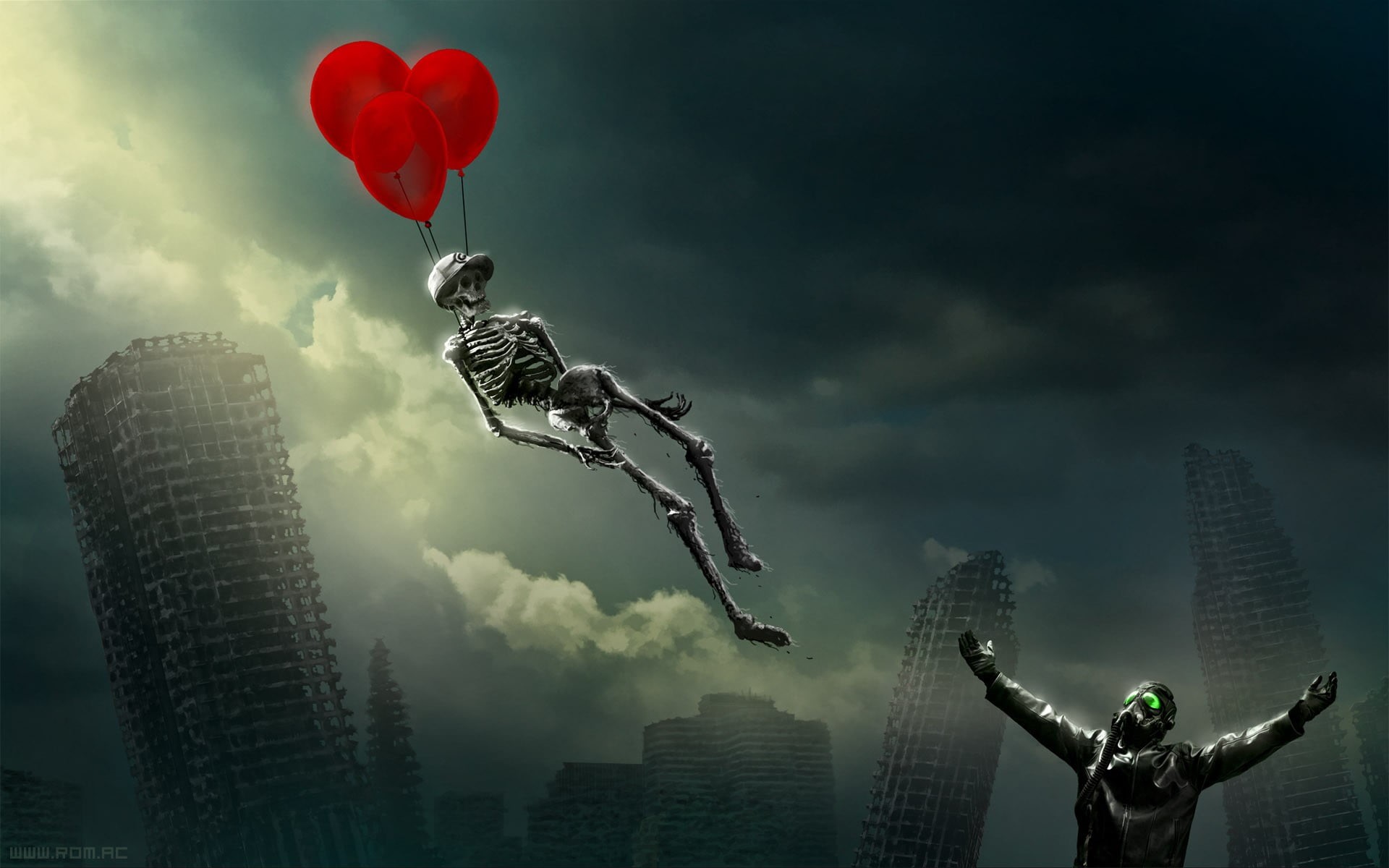 balloons, digital composite, balloon, mid-air, city, away, gas masks, built structure, building exterior, artwork, architecture, skyscraper, flown, motion, HD Wallpaper