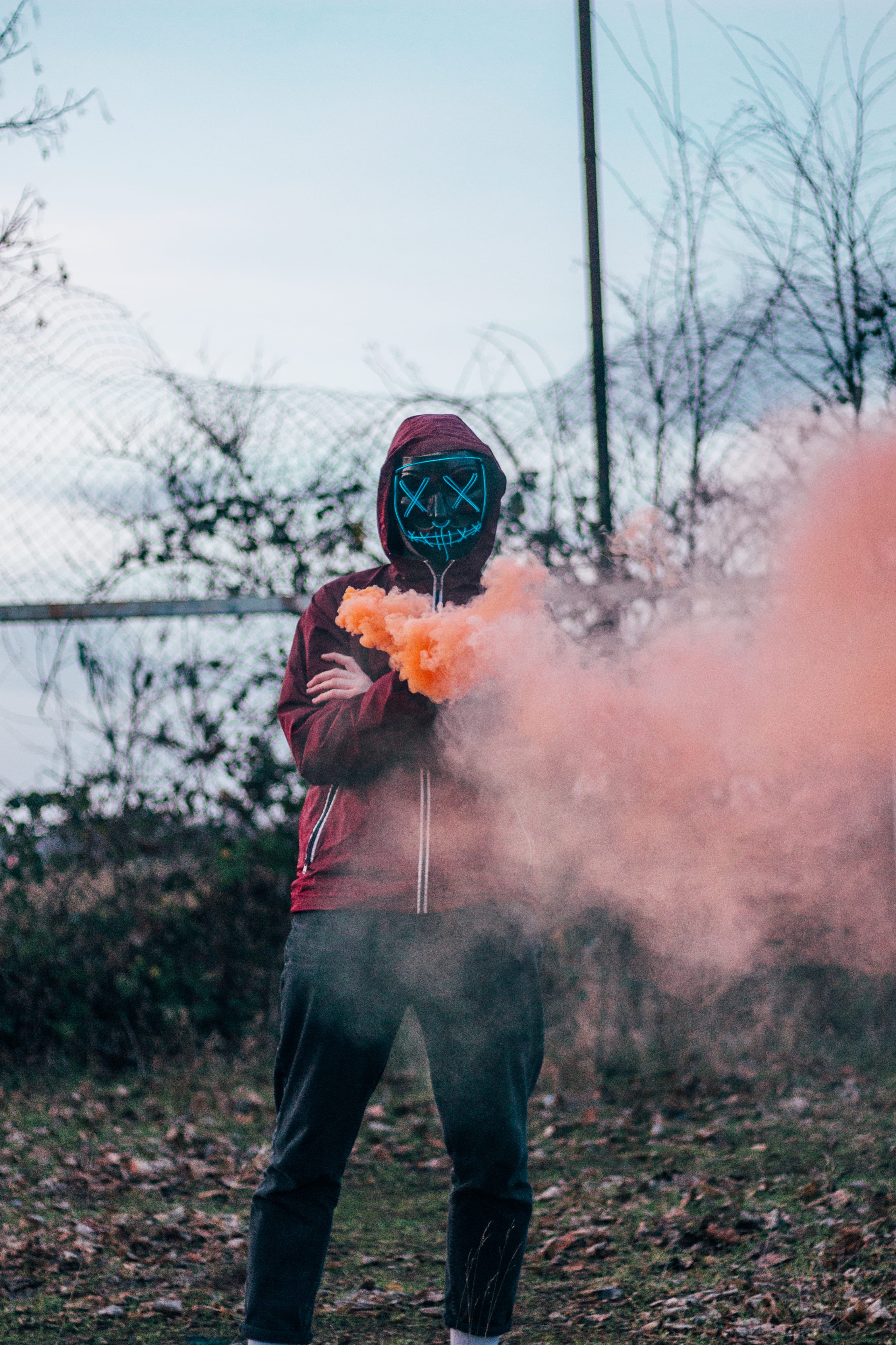 wearing, day, sky, front view, obscured face, 5K, coat, focus on foreground, lifestyles, vegetation, nature, hood, plant, smoke, woodland, hoodie, unrecognizable person, Phone HD Wallpaper