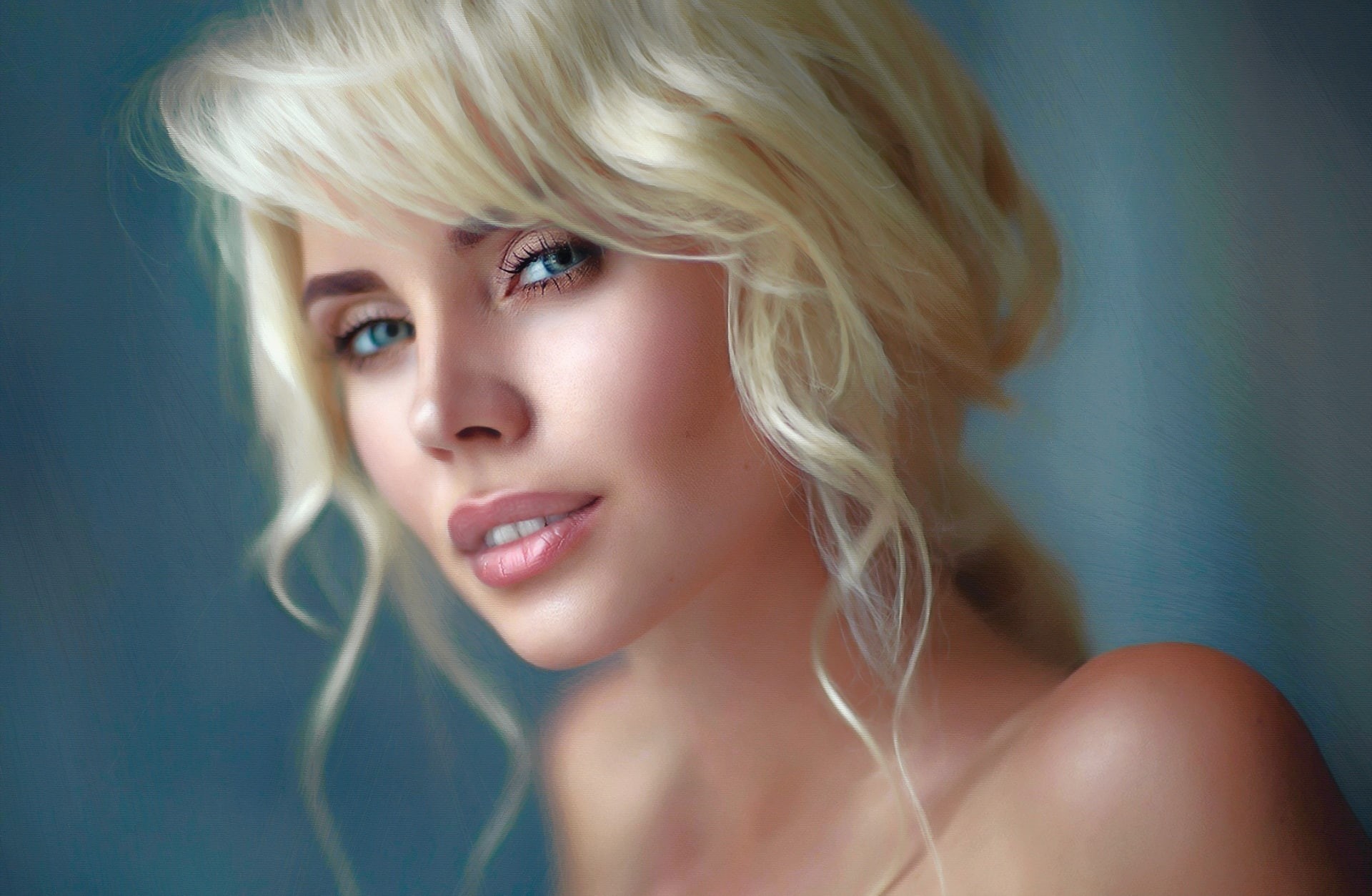 young women, beautiful people, 1080P, Woman, blue eyes, bangs, Blonde, young adult, hairstyle, one person, beautiful woman, Portrait, fashion, Paint, hair, HD Wallpaper