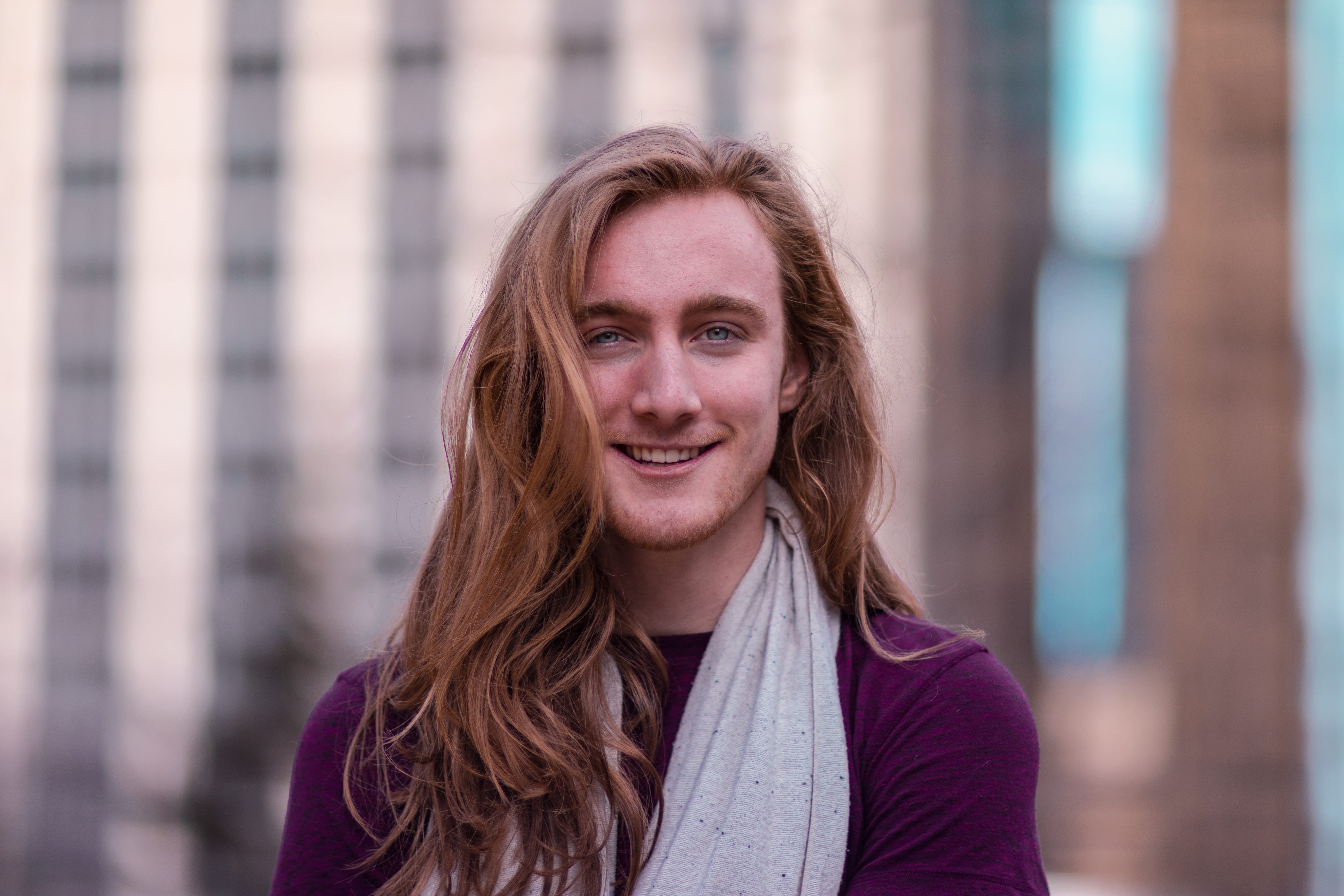 portrait, hair, 5K, man, focus on foreground, shirt, colour, purple, front view, outdoors, lifestyle, calgary, young adult, sweater, beauty, hairstyle, HD Wallpaper