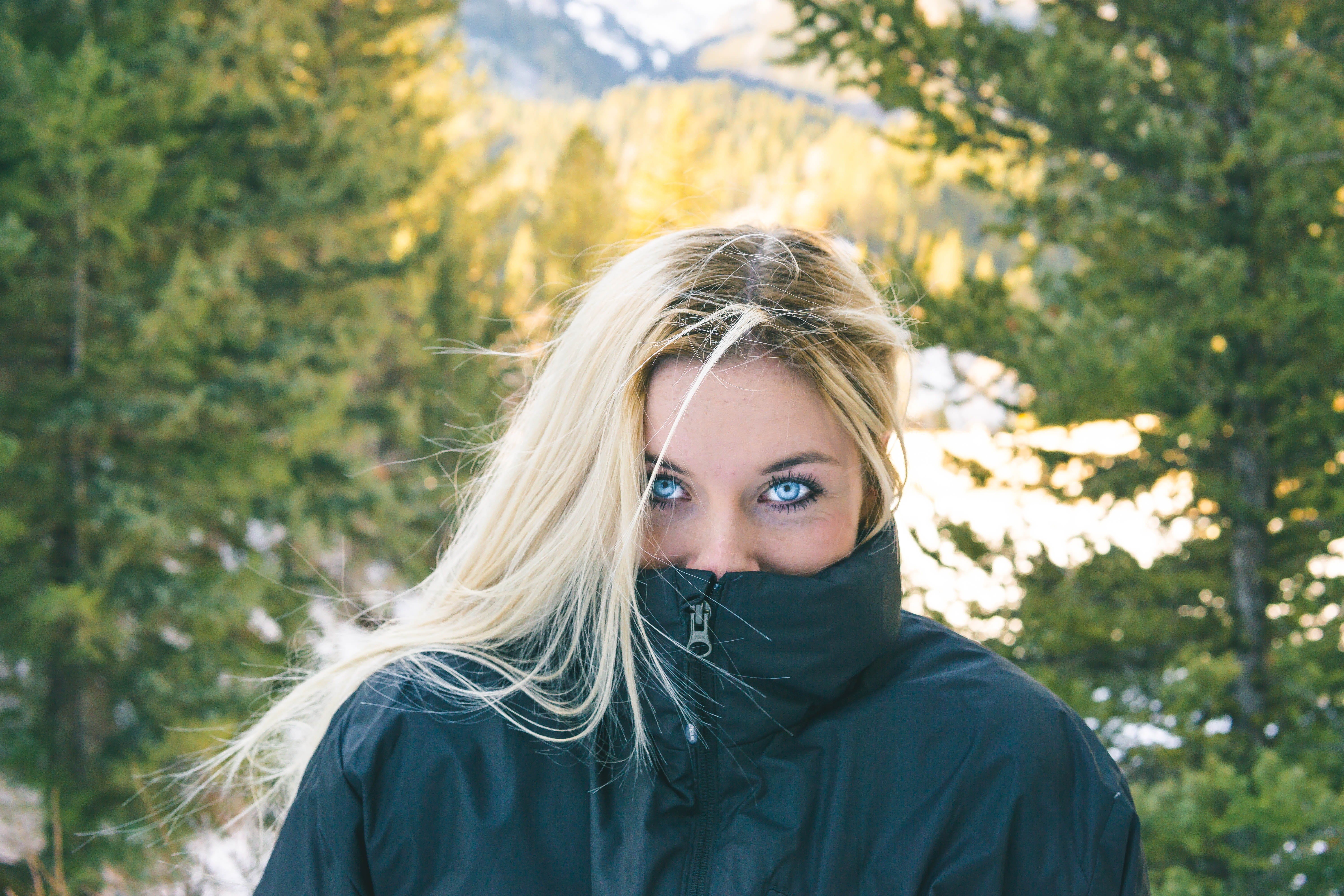 camping, portrait, looking at camera, beautiful woman, frozenlake, brighteyes, outdoors, frozen, eyes, nature, forest, long hair, 5K, blue, utah, photographer, HD Wallpaper