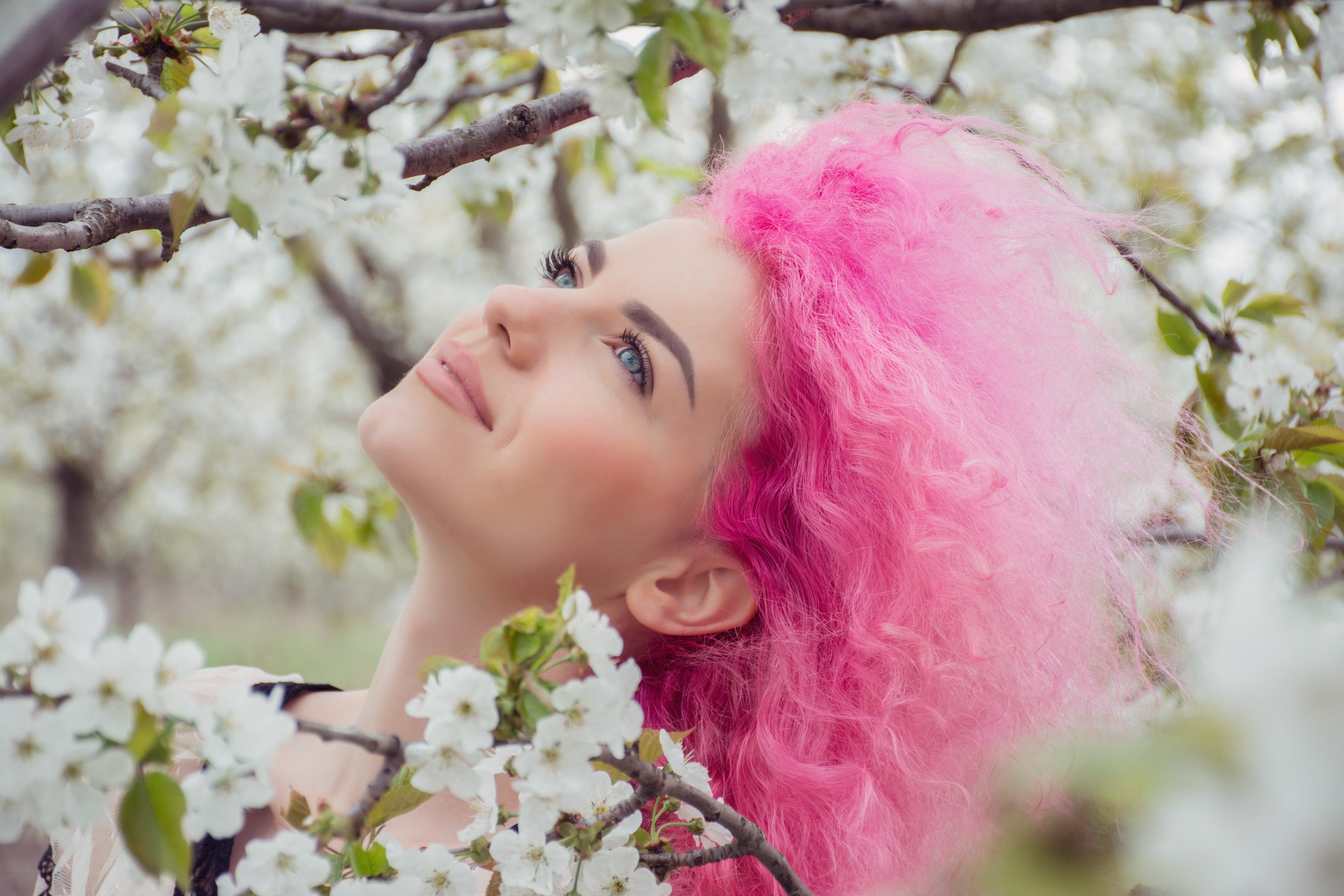 natural, pink, flowering plant, one person, beauty, woman, portrat, pink color, eye, gorgeou, headshot, young, hairstyle, young women, pink hair, female, HD Wallpaper
