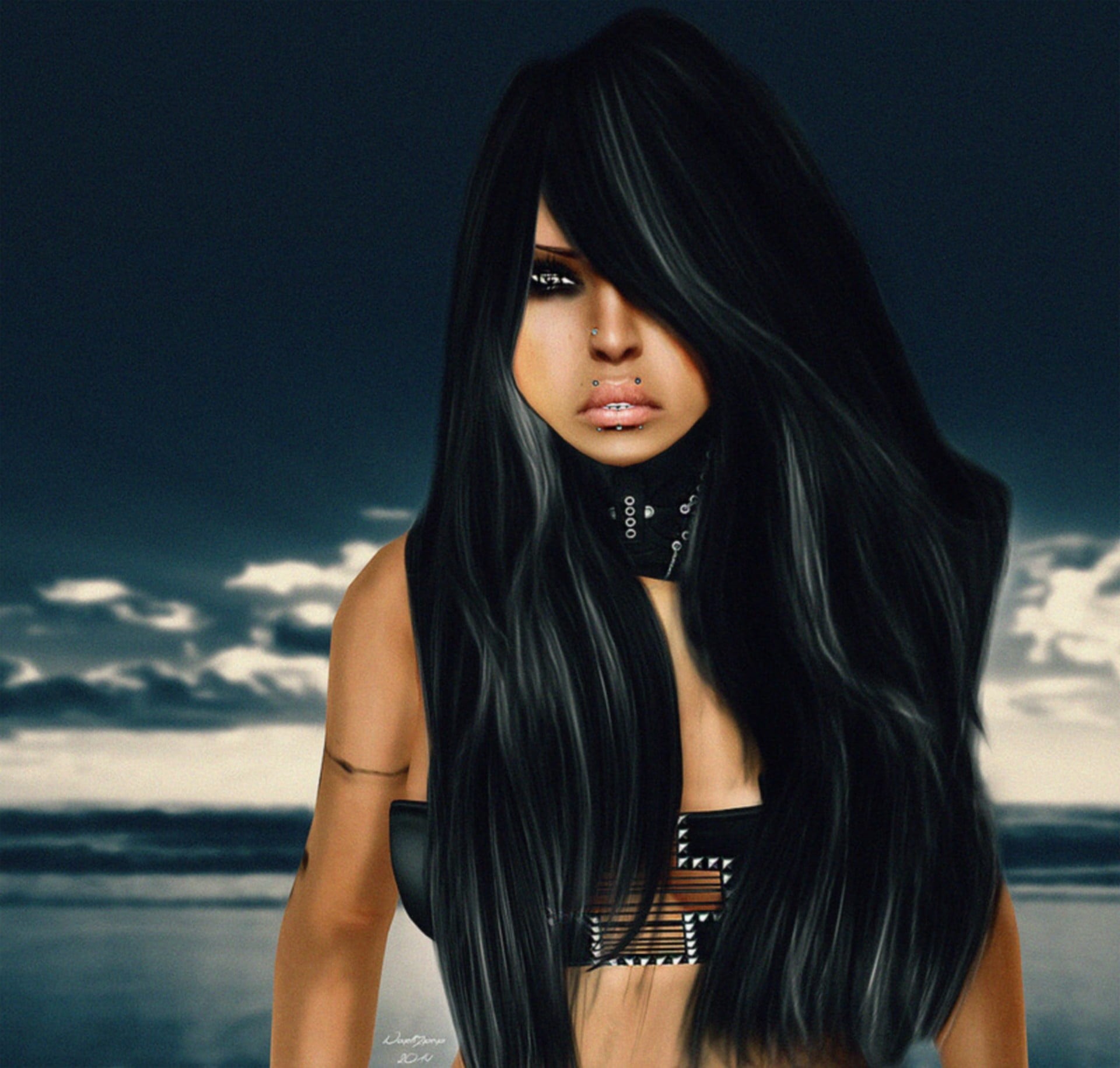outdoors, long hair, standing, 1080P, one person, looking at camera, black hair, young women, beauty, avatar, women, secondlife, hair, focus on foreground, HD Wallpaper