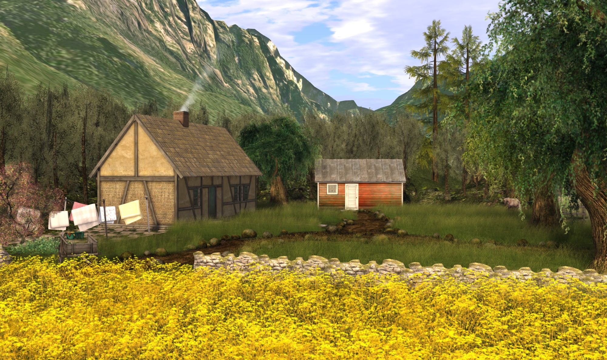 summer, surrounded, outdoors, III, secondlife, 1080P, nature, barn, Re, house, landscape, european Alps, mountain, parcel, near, rural Scene, painting, HD Wallpaper
