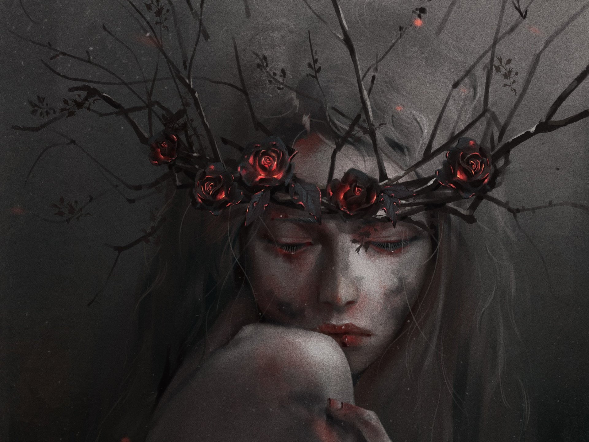 1080P, rose - flower, flowering plant, plant, Girl, human face, hair, Sad, young women, Rose, blood, Woman, Women, red, Wreath, celebration, close-up, HD Wallpaper