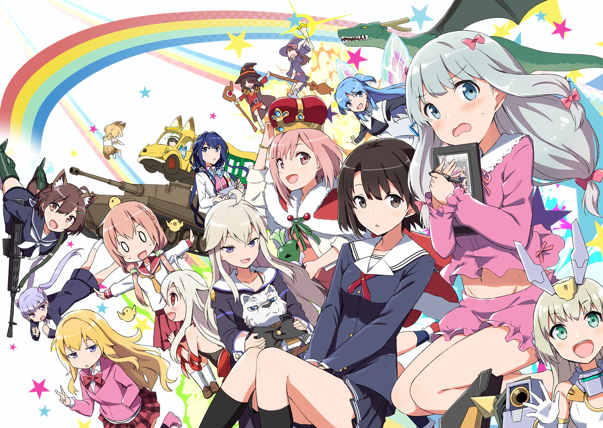 group of people, multi colored, Crossover, Masamune-kun no Revenge, young adult, Kobayashi-san Chi no Maid Dragon, Strike Witches, creativity, adult, Sakura Quest, HD Wallpaper