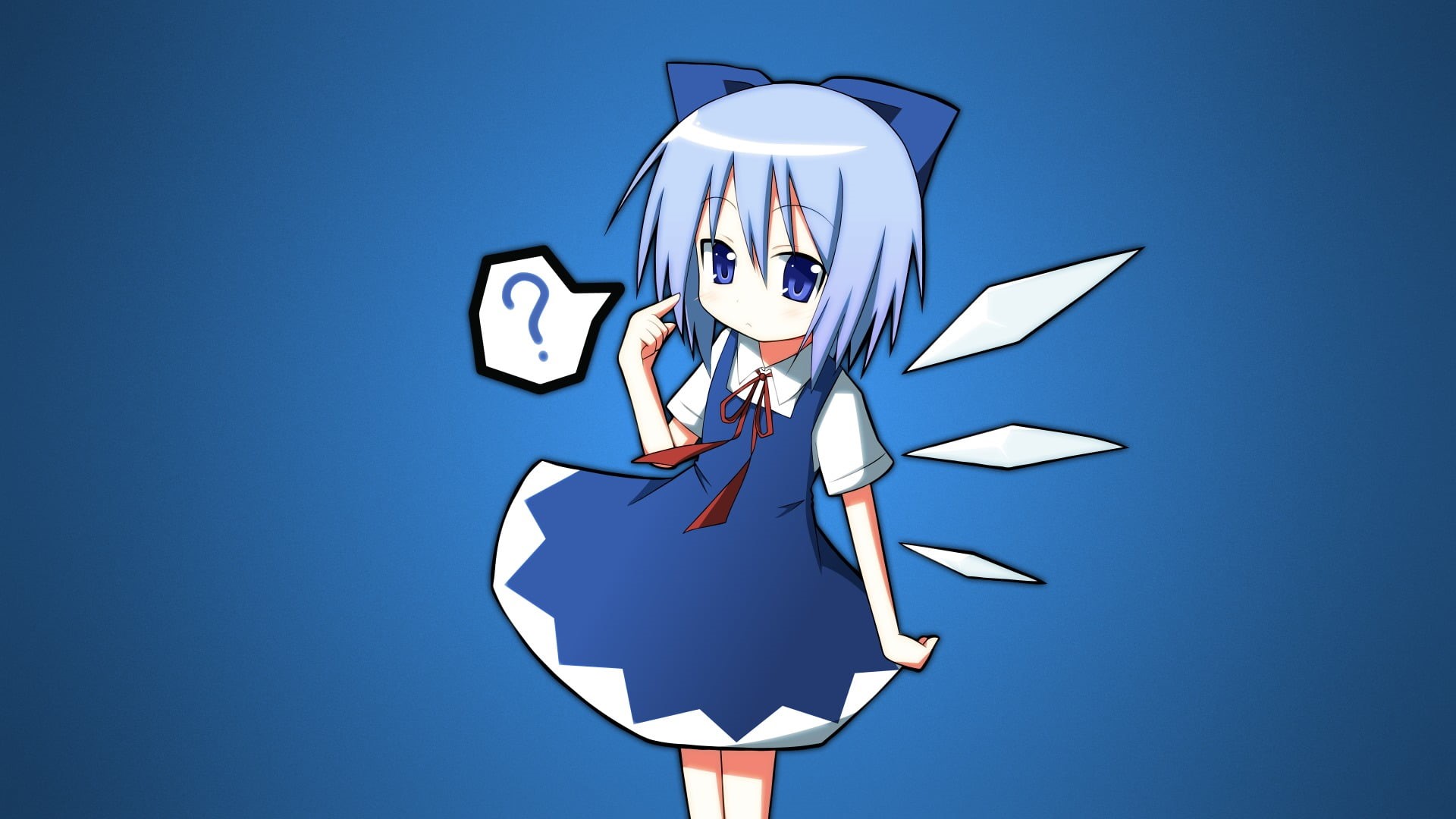 human representation, front view, close-up, Touhou, day, simple, blue background, Cirno, creativity, girl, no people, art and craft, colored background, HD Wallpaper